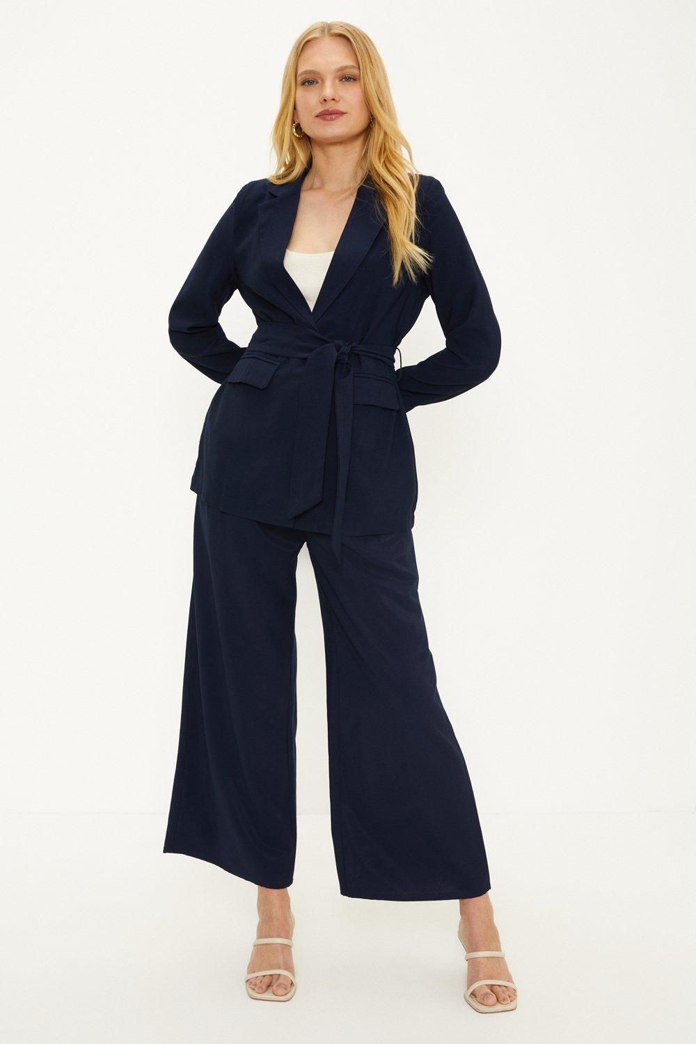 Oasis Linen Look Tie Detail Blazer Navy image 1