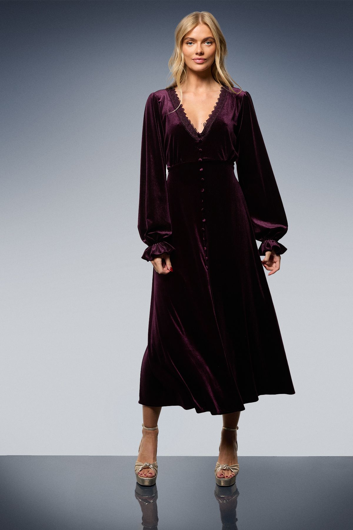 Oasis Velvet Lace Trim Button Through Midi Dress Berry image 1