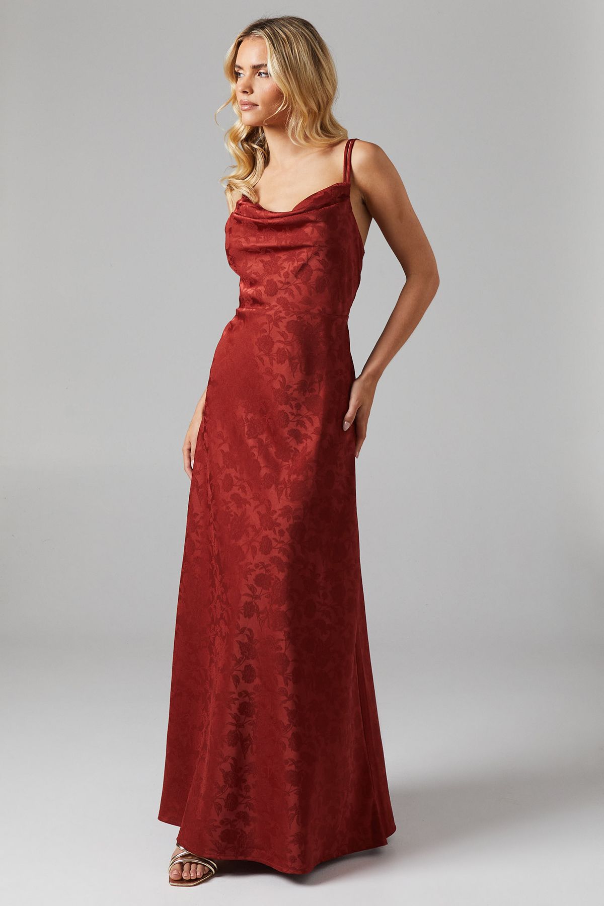 Oasis Petite Double Strap Cowl Neck Satin Jacquard Bridesmaid Midi Dress Rust image 1