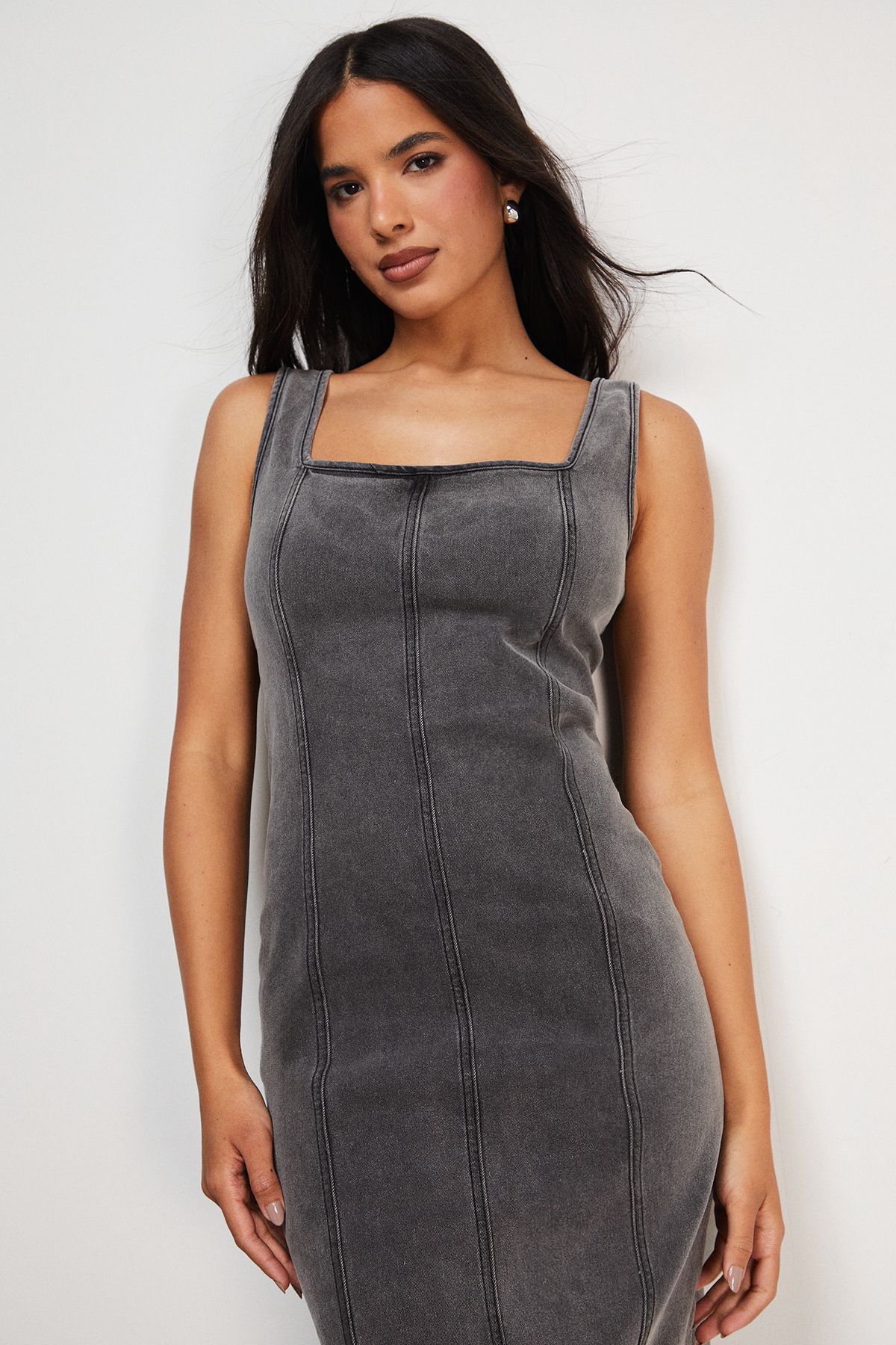Warehouse Seam Detail Fitted Denim Midi Dress Grey image 4
