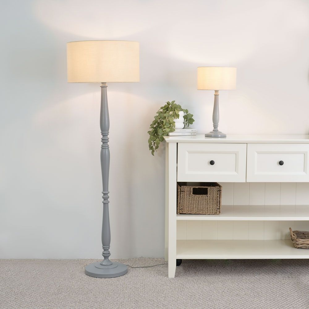 ValueLights Victoria Grey Wood Traditional Table Lamp with Fabric Drum Shade image 5