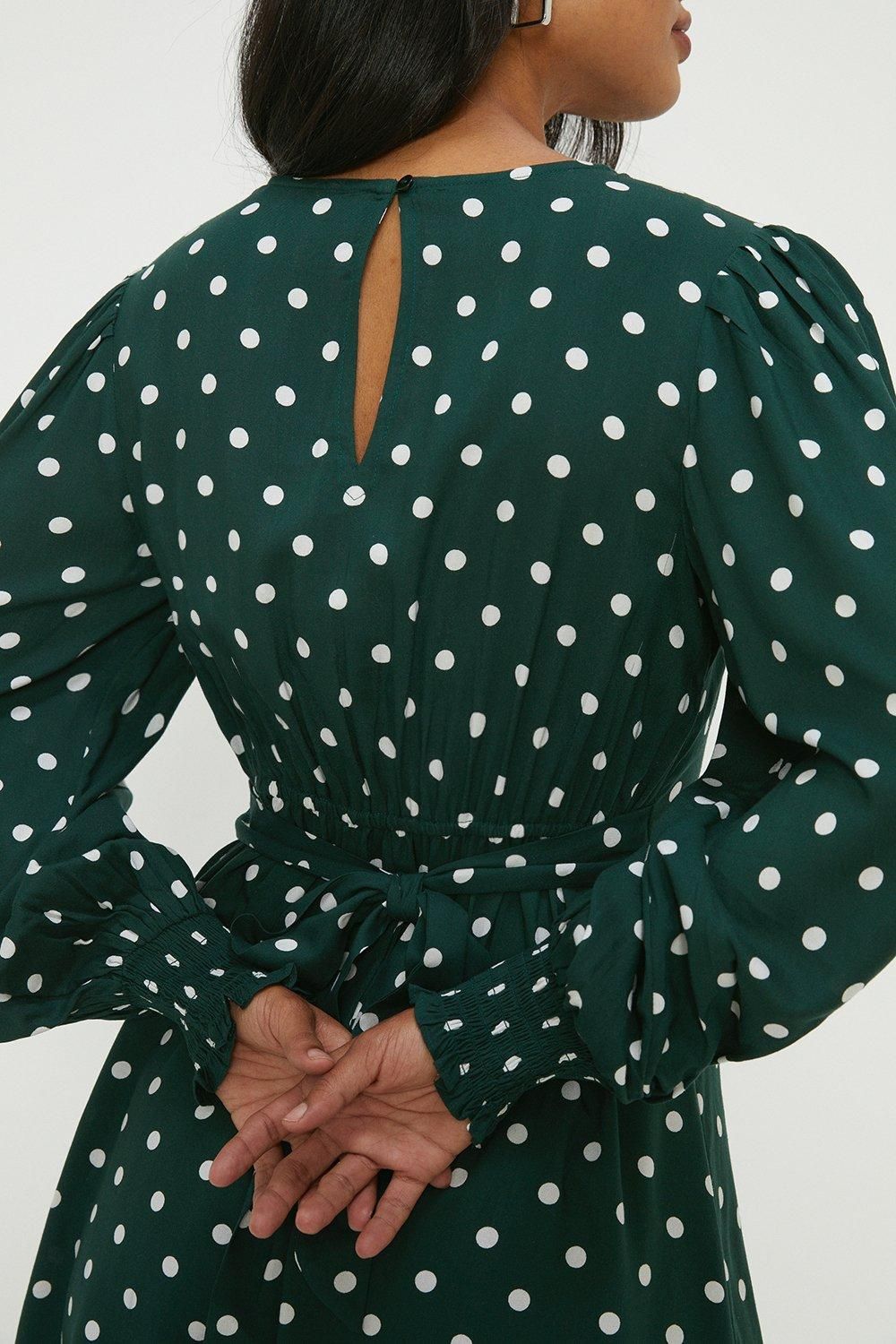 Dorothy Perkins Green Spot Shirred Cuff Mini Dress Green image 2