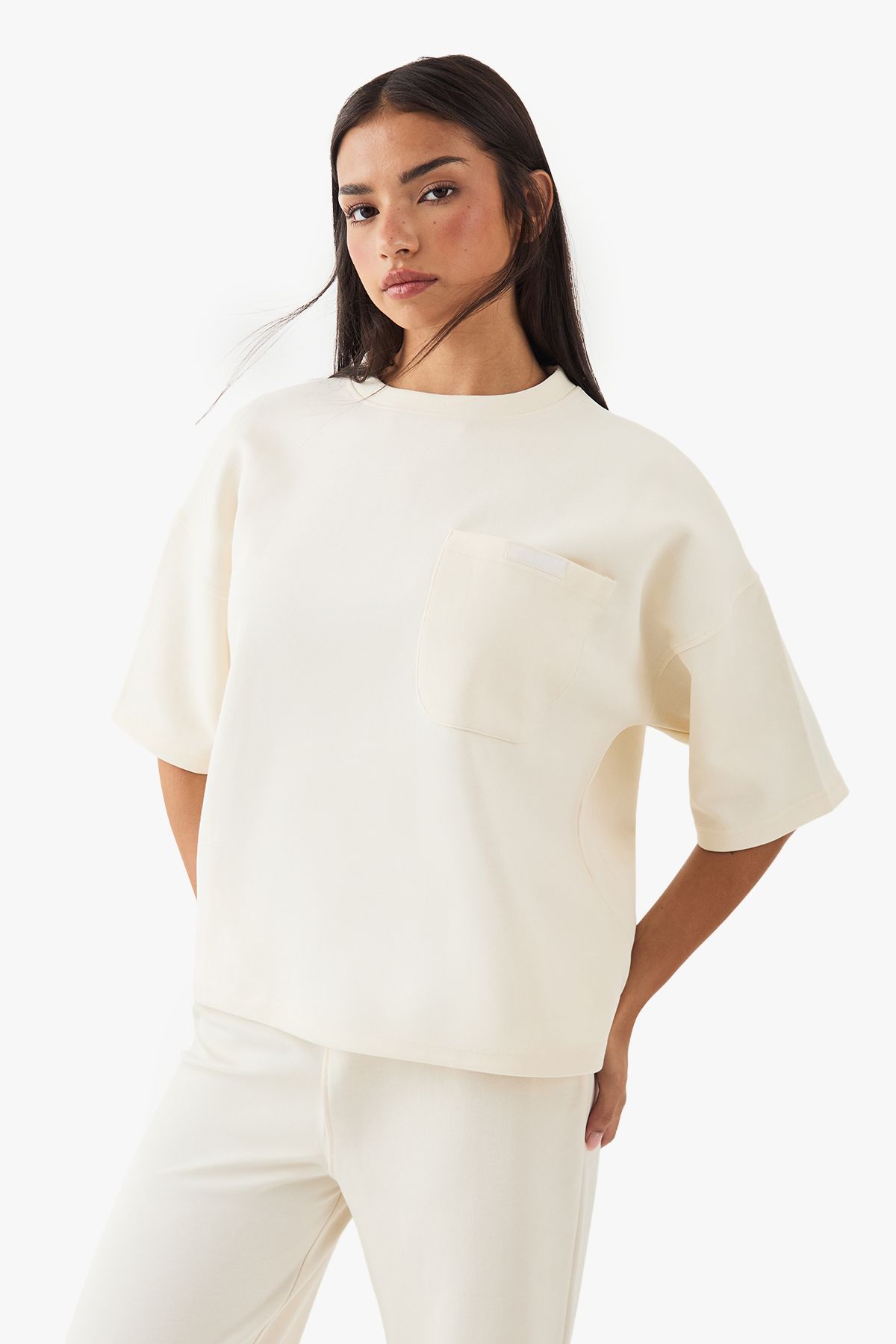 DSGN Studio DSGN Studio Pocket Detail Short Sleeve Interlock Oversized T-Shirt Cream image 2