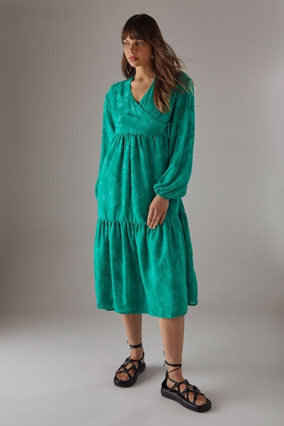 Warehouse Burnout Chiffon Wrap Smock Midi Dress Green
