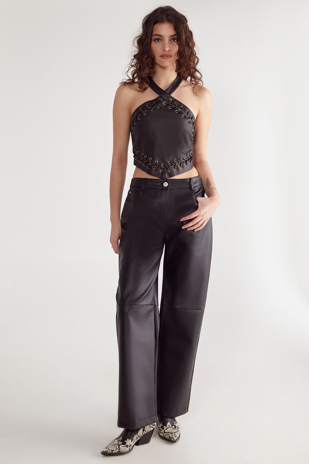 NastyGal Eyelet Detail Faux Leather Top Black image 3