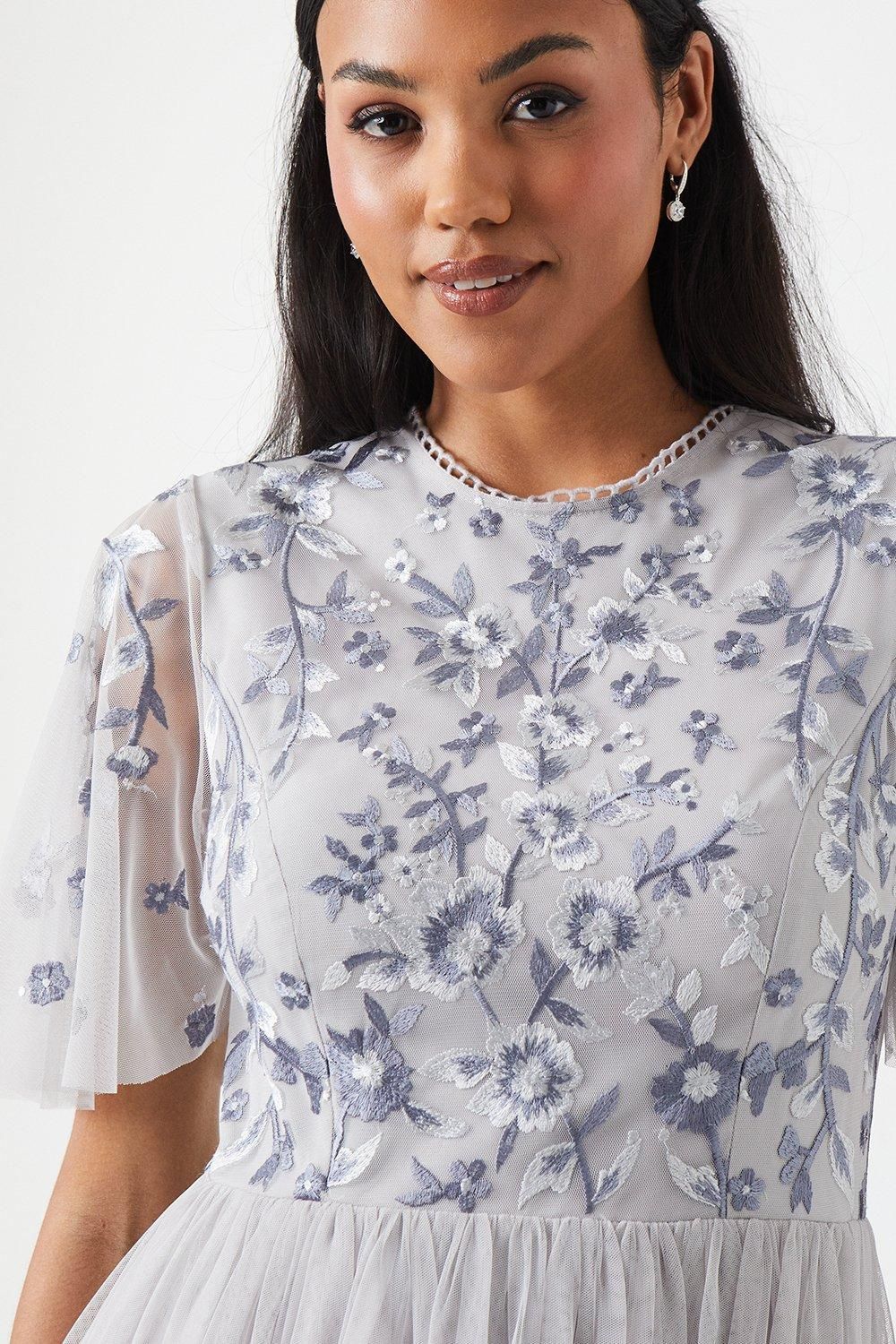 Coast Floral Embroidered Bodice Angel Sleeve Bridesmaid Dress Grey Mist image 2