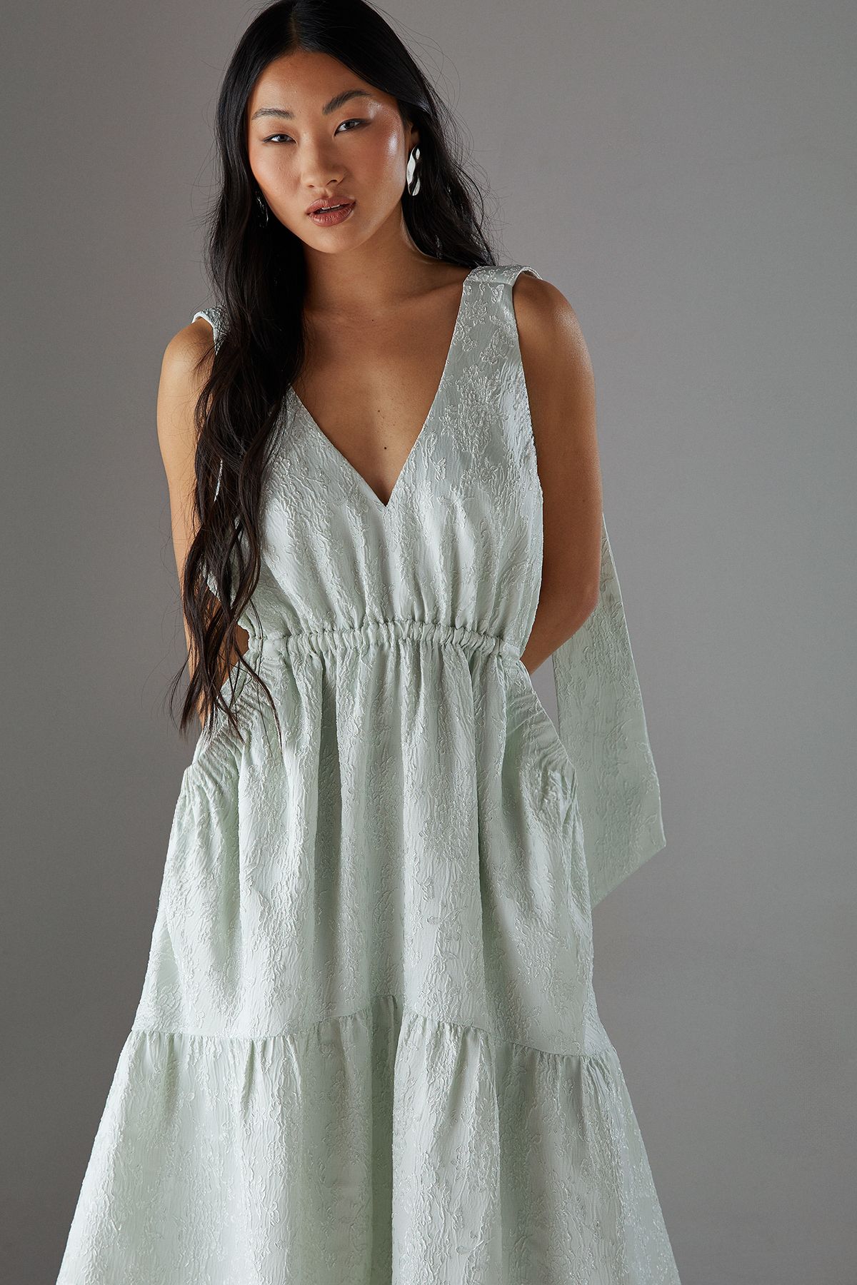 Warehouse Petite Jacquard Plunge Tie Pocket Midi Dress Sage image 2