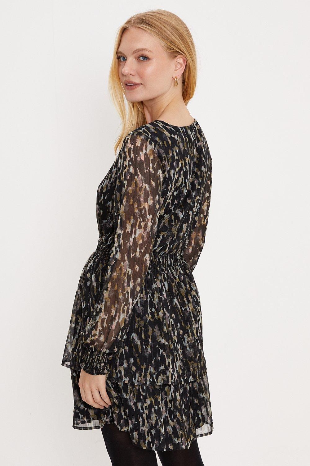 Oasis Animal Printed Key Hole Shirred Waist Mini Dress Brown image 3