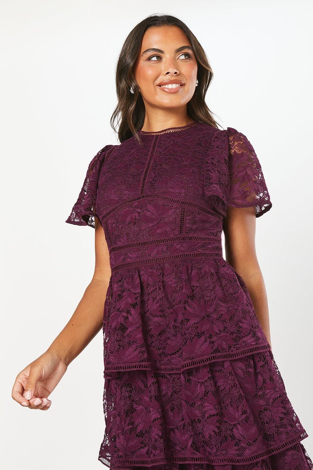 Coast Tiered Lace Dress With Flutter Sleeve & Trims Plum image 4