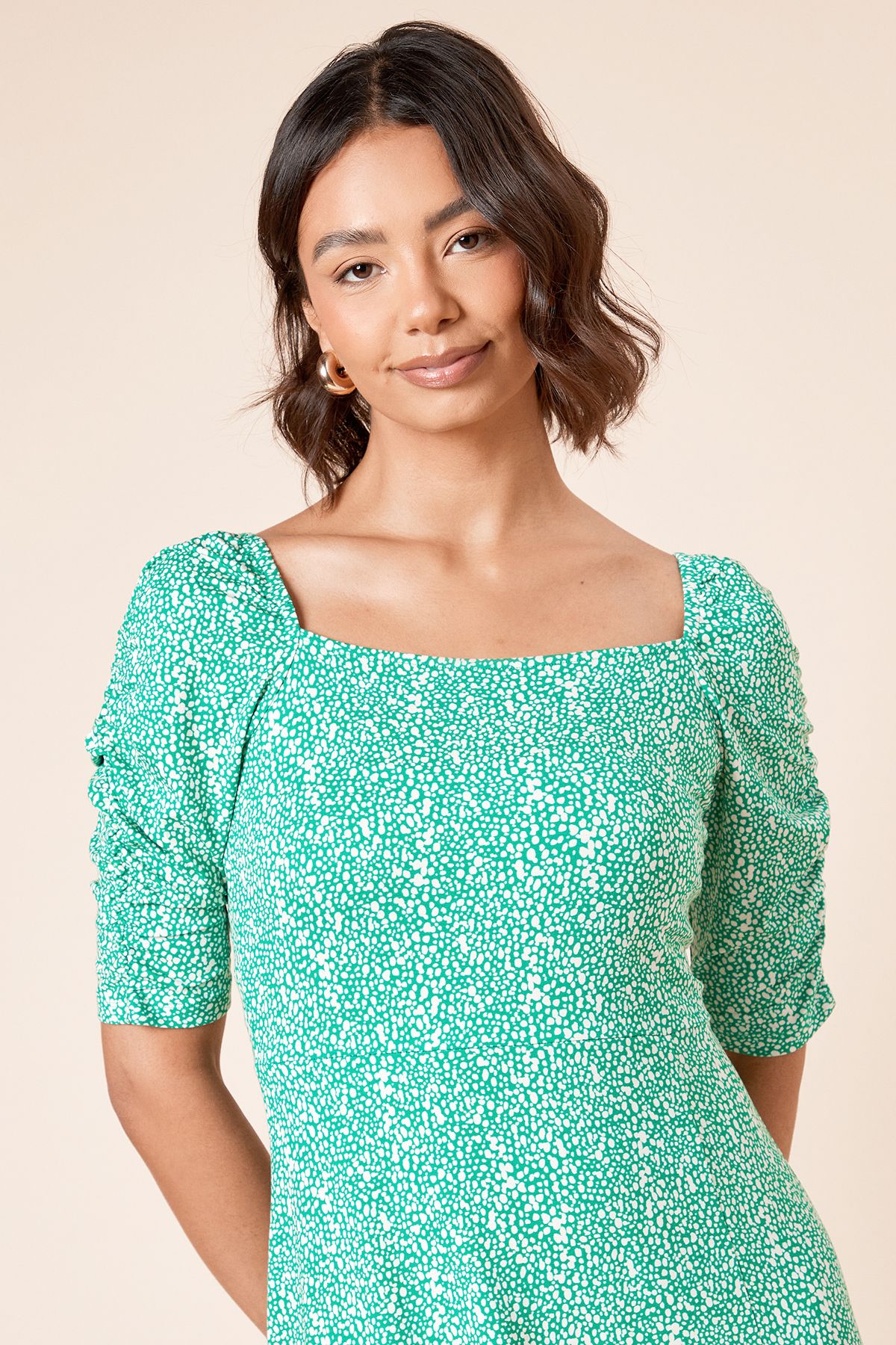 Dorothy Perkins Square Neck Green Spot Short Sleeve Midi Dress Green image 4