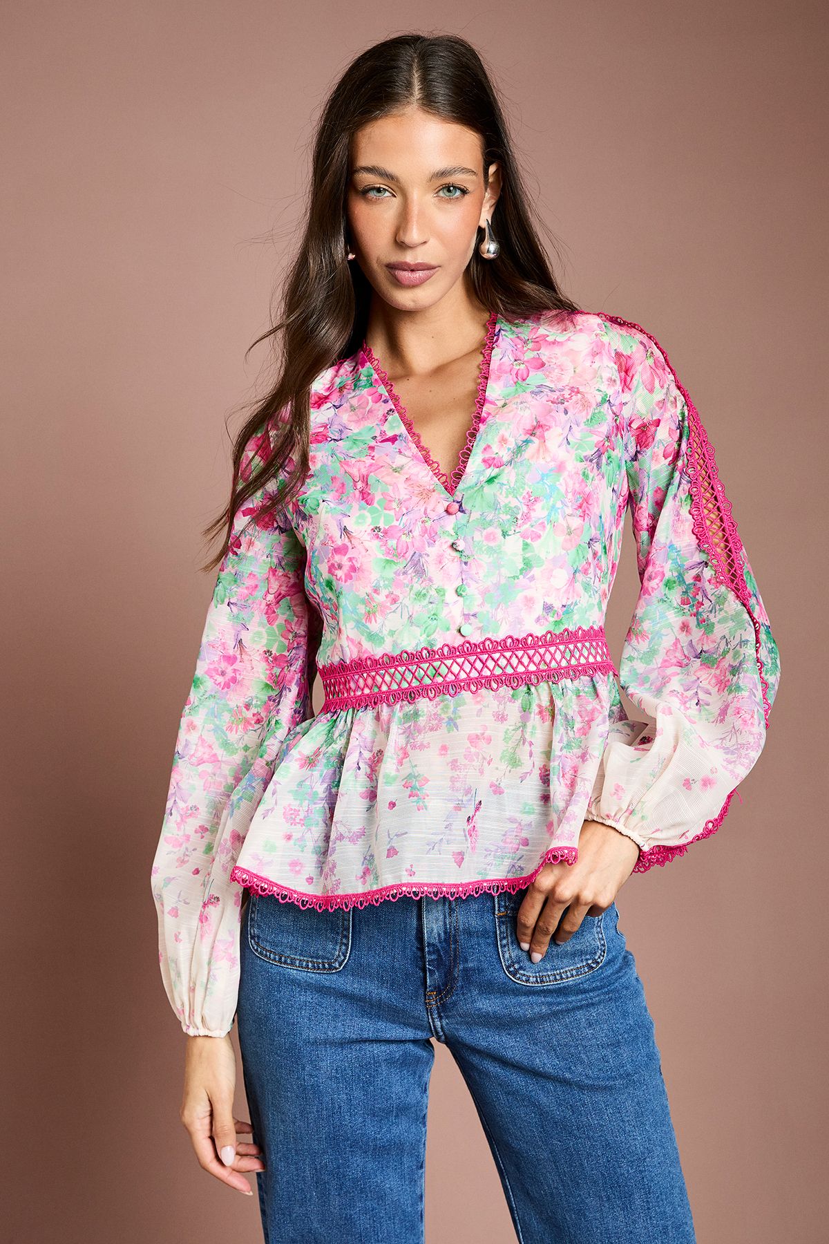 Coast Printed Blouson Sleeve Organza Top Pink