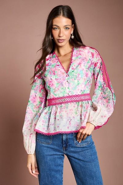 Coast Printed Blouson Sleeve Organza Top Pink