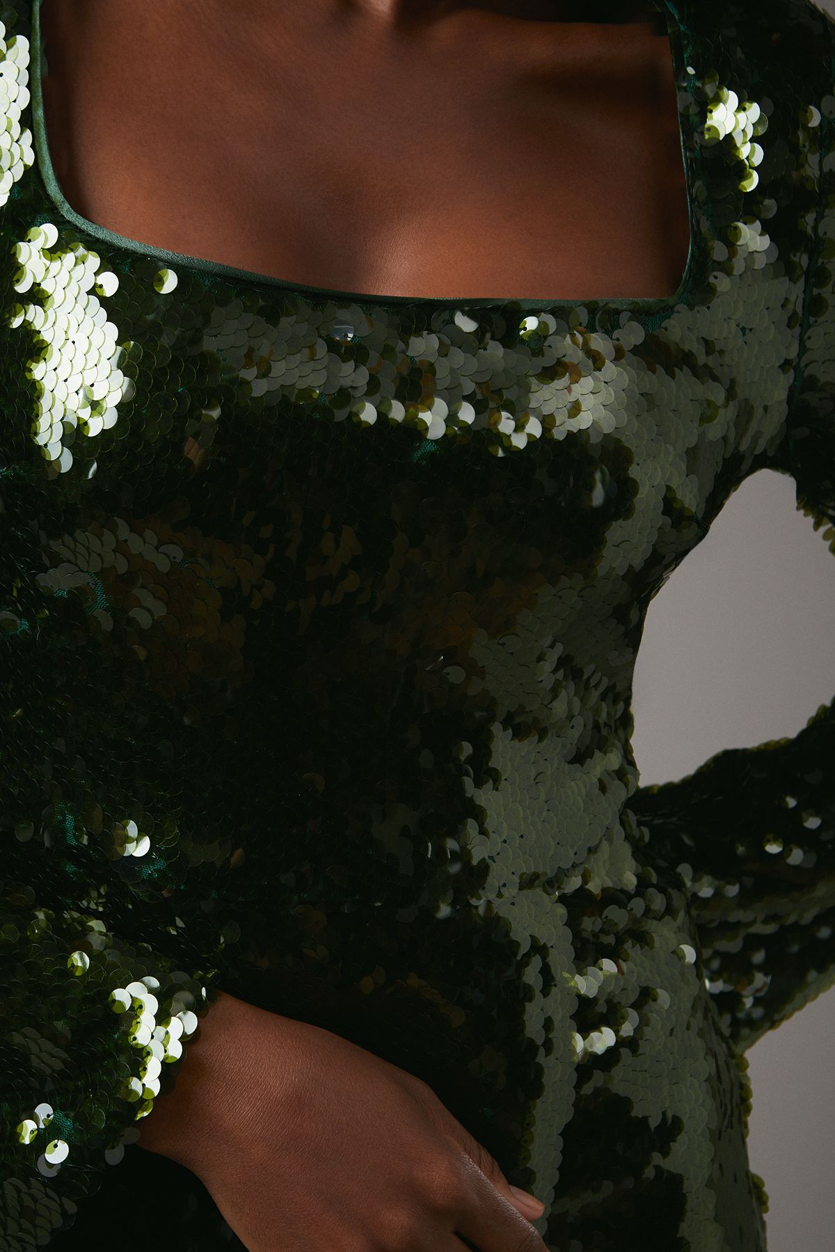 Coast Party Sequin Long Sleeve Pencil Dress With Square Neck Olive image 5