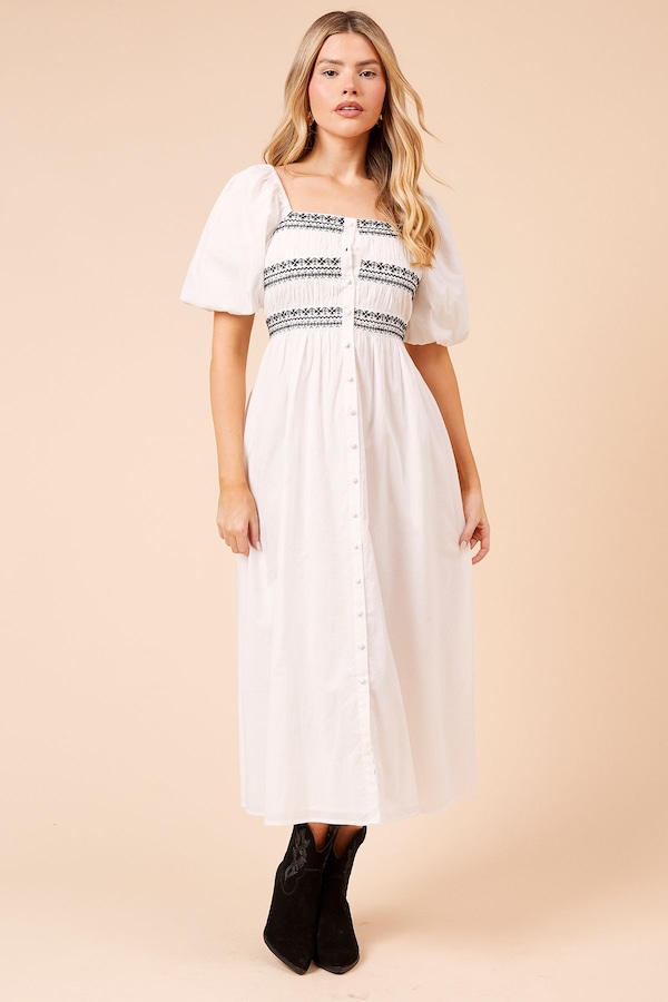 Dorothy Perkins Embroidered Bust Button Through Poplin Midi Dress Black