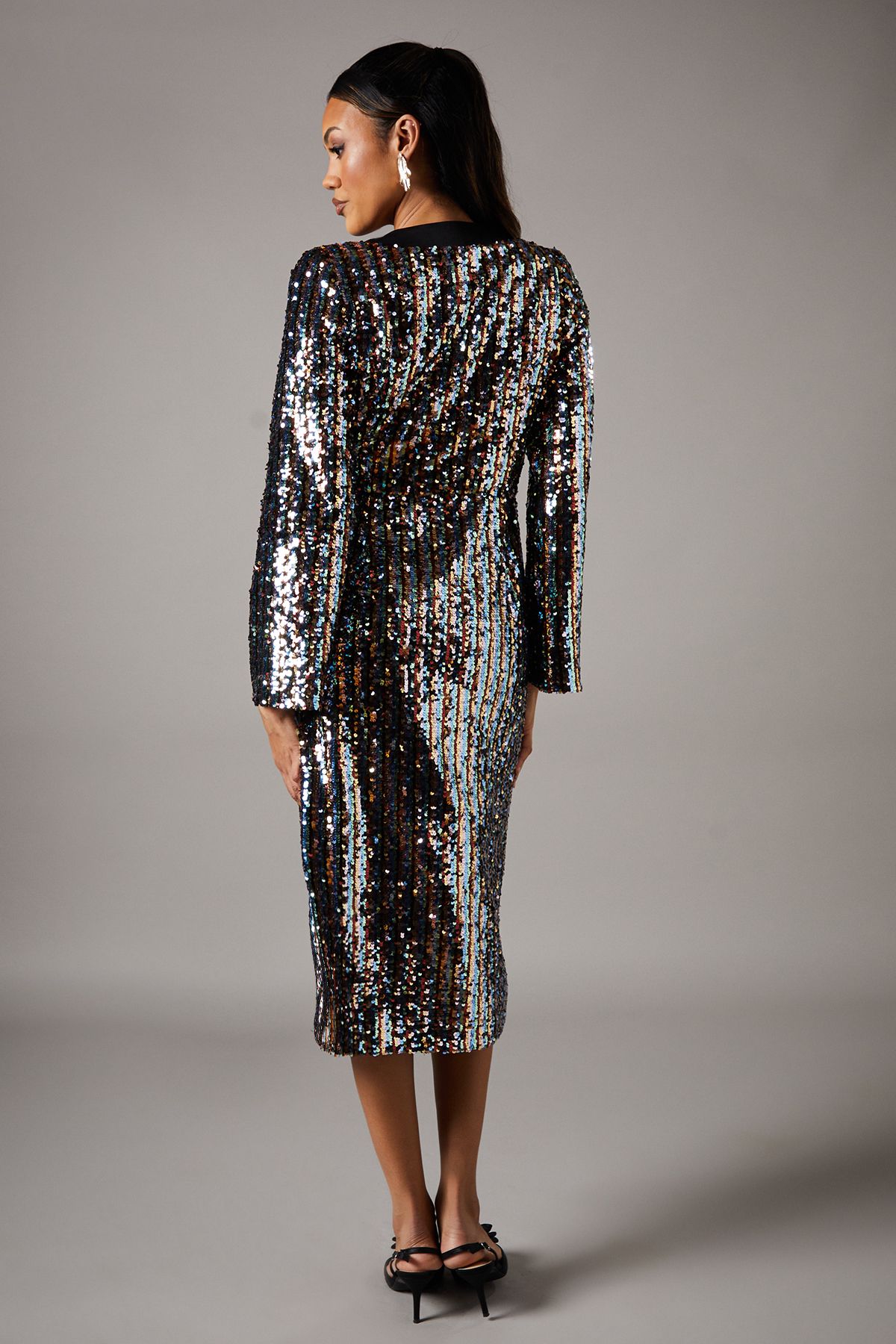 Coast Party Rainbow Sequin Long Sleeve Satin Midi Dress Multi image 3