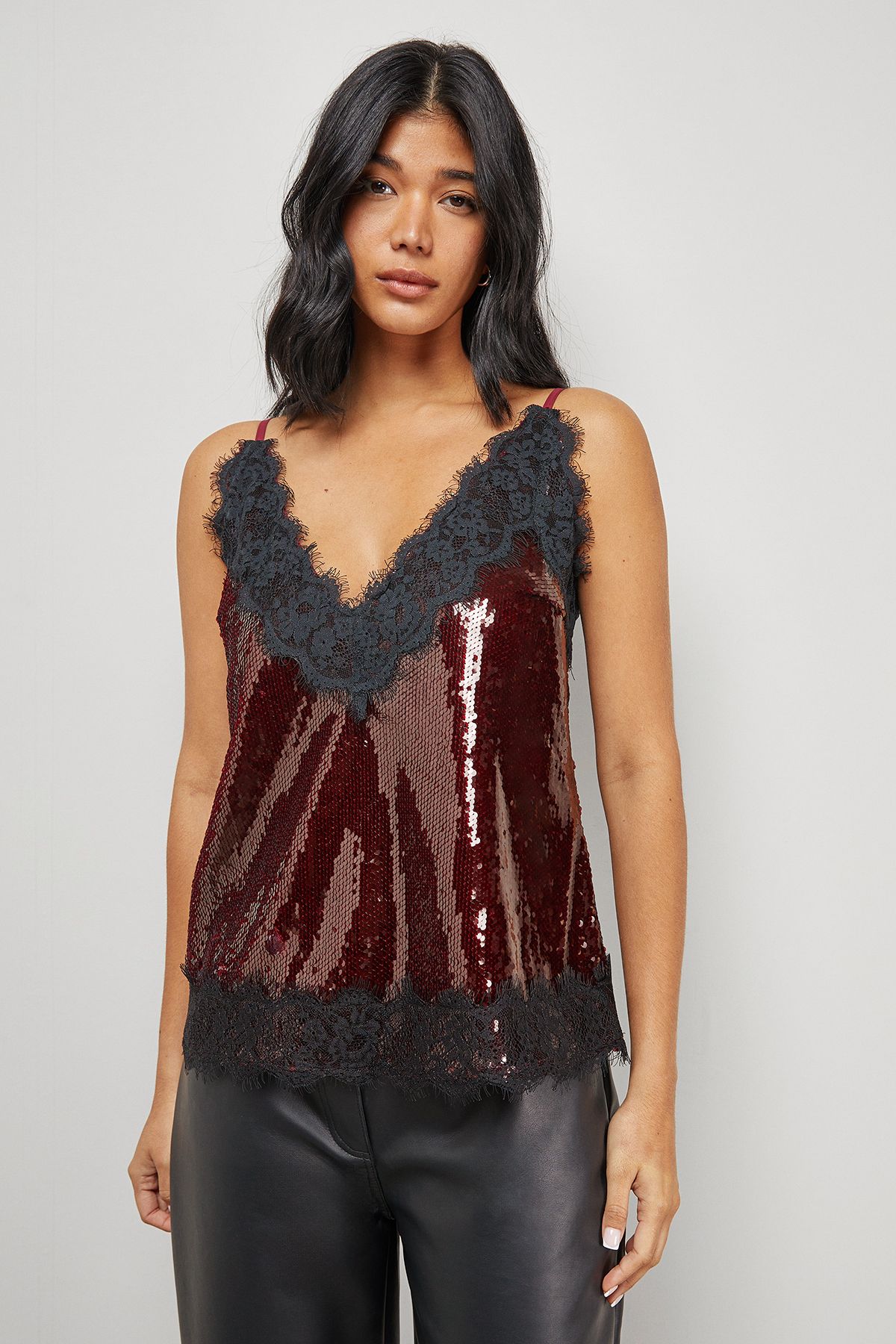 Warehouse Sequin Lace Trim High Apex Cami Top Dark Red