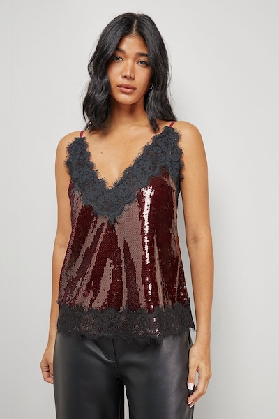 Warehouse Sequin Lace Trim High Apex Cami Top Dark Red