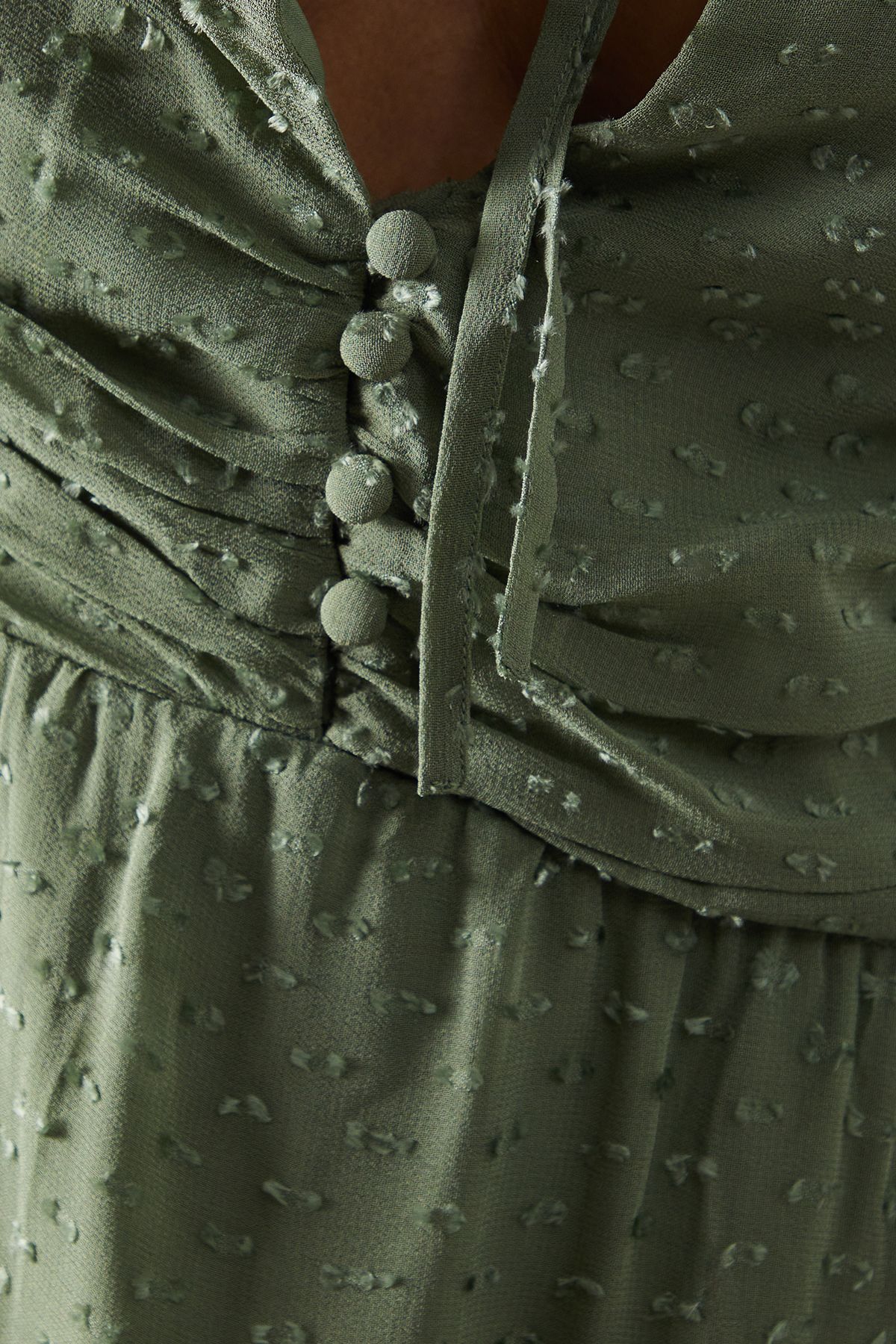 Warehouse Tufted Dobby Chiffon Button Front Tie Neck Hanky Hem Midi Dress Khaki image 5