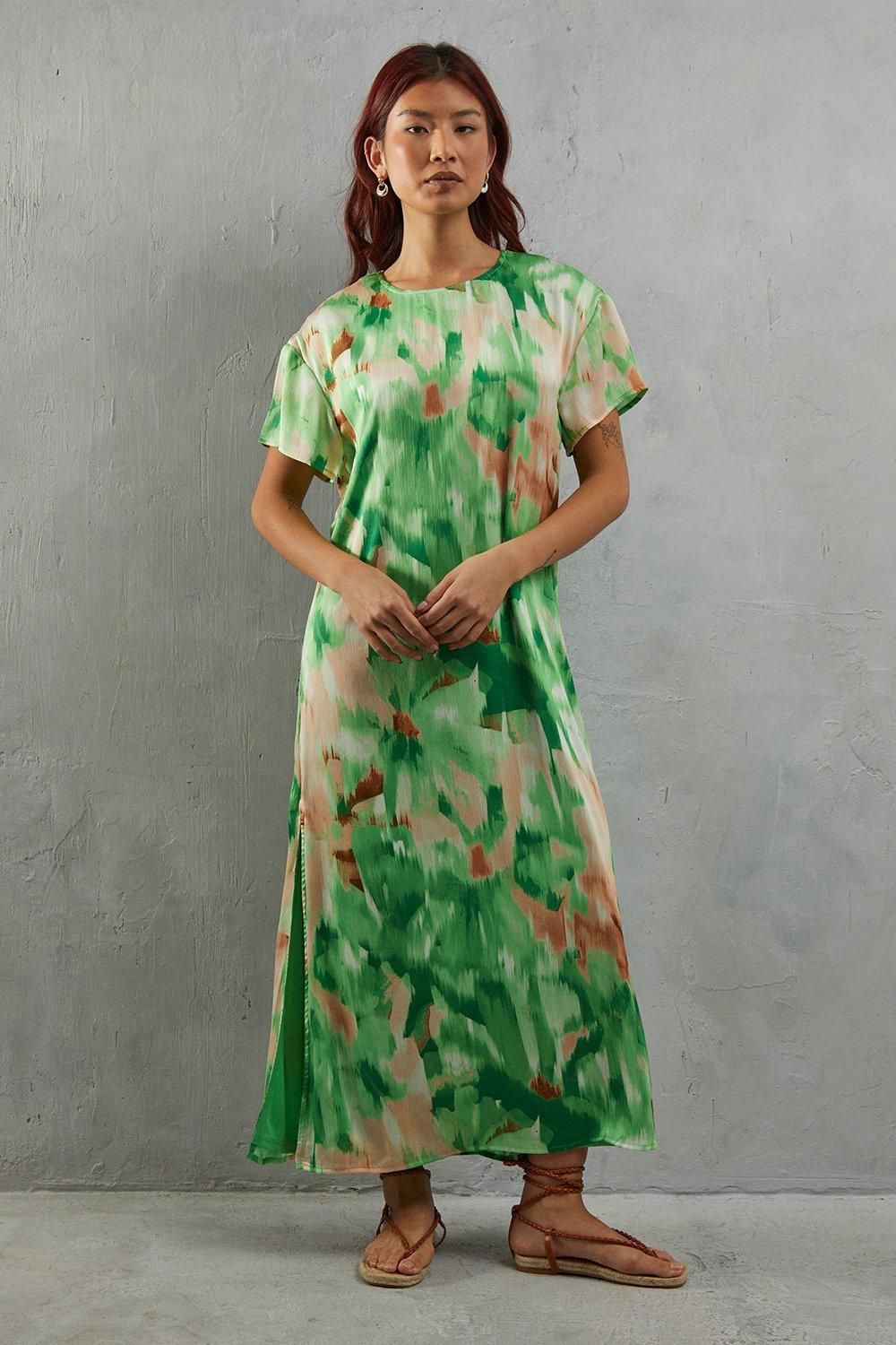 Warehouse Oversized Midi T-shirt Dress Green image 1