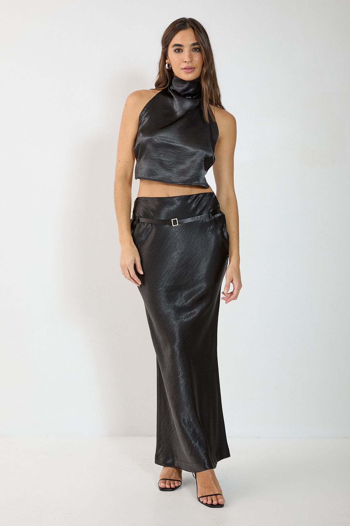 NastyGal Satin Belted Bias Cut Maxi Skirt Co-ord Black