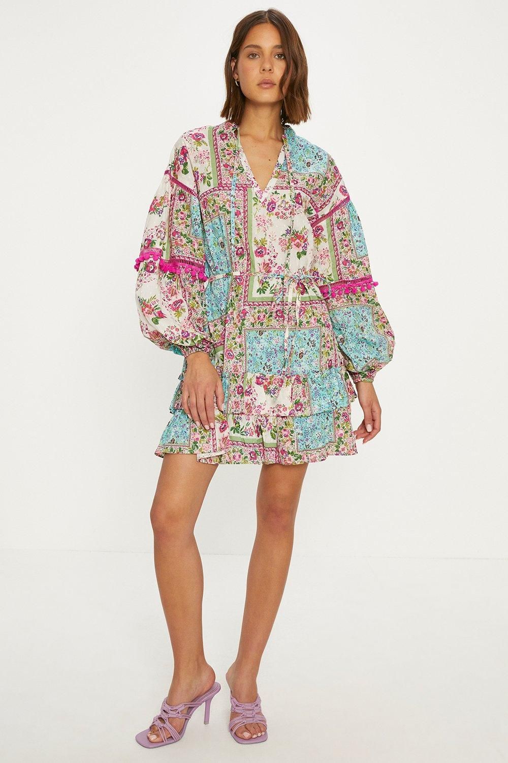 Oasis Printed Cotton Dobby Trim Detail Skater Dress Multi image 2