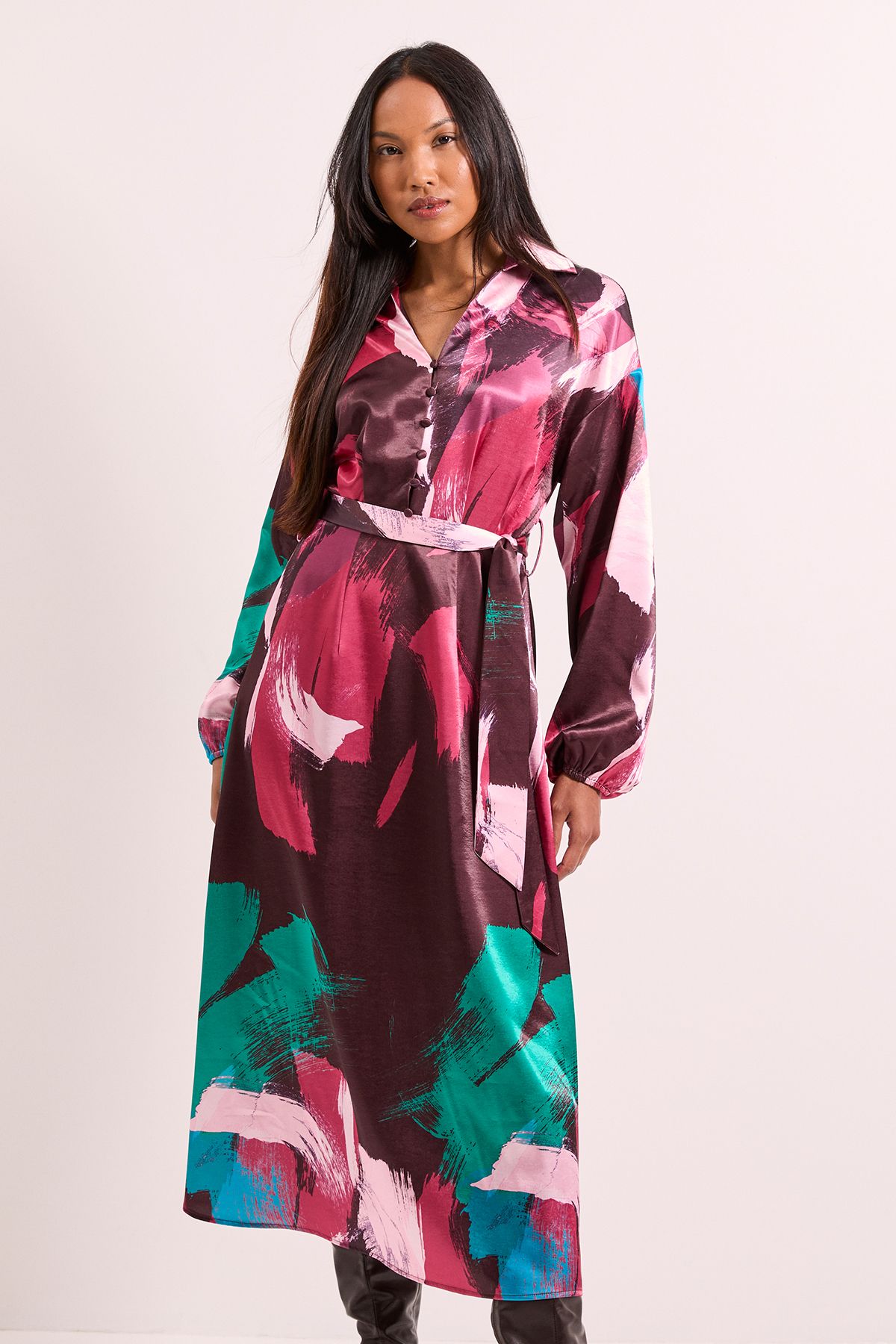 Principles Printed Wrap Tie Waist Satin Shirt Dress Plum image 4