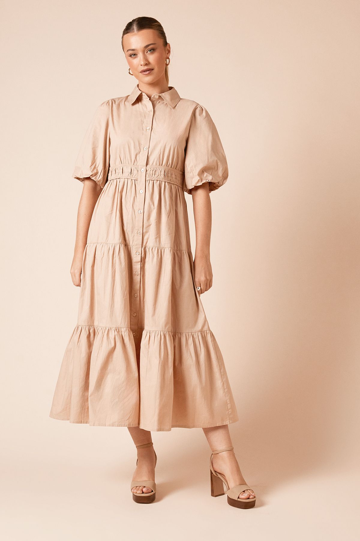 Dorothy Perkins Poplin Tiered Button Front Shirt Dress Neutral image 1