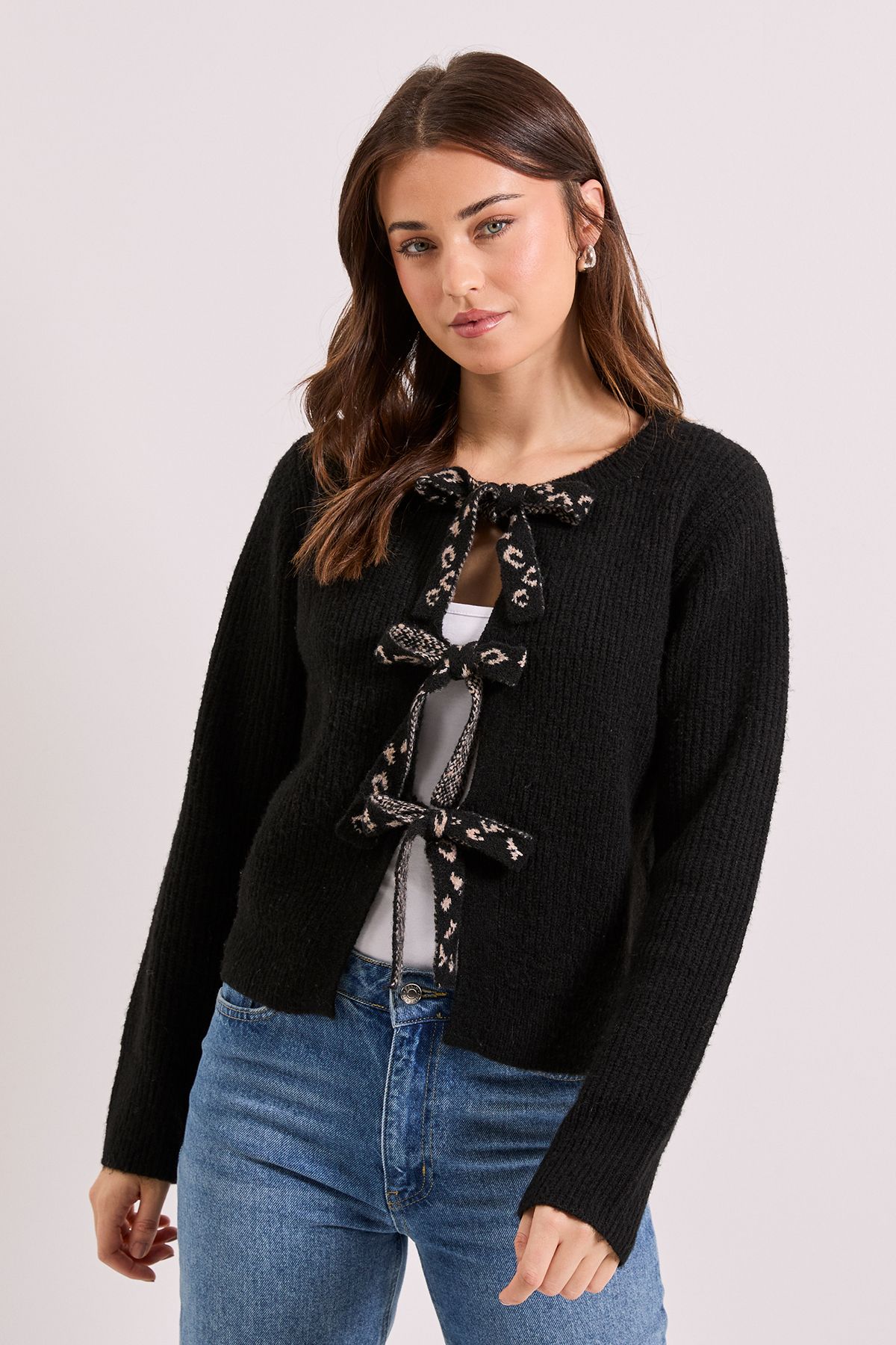 Dorothy Perkins Black Leopard Bow Detail Cardigan True Black