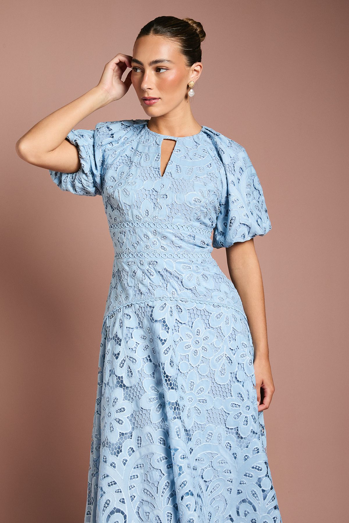 Coast Lace Hanky Hem Puff Sleeve Dress Light Blue image 2