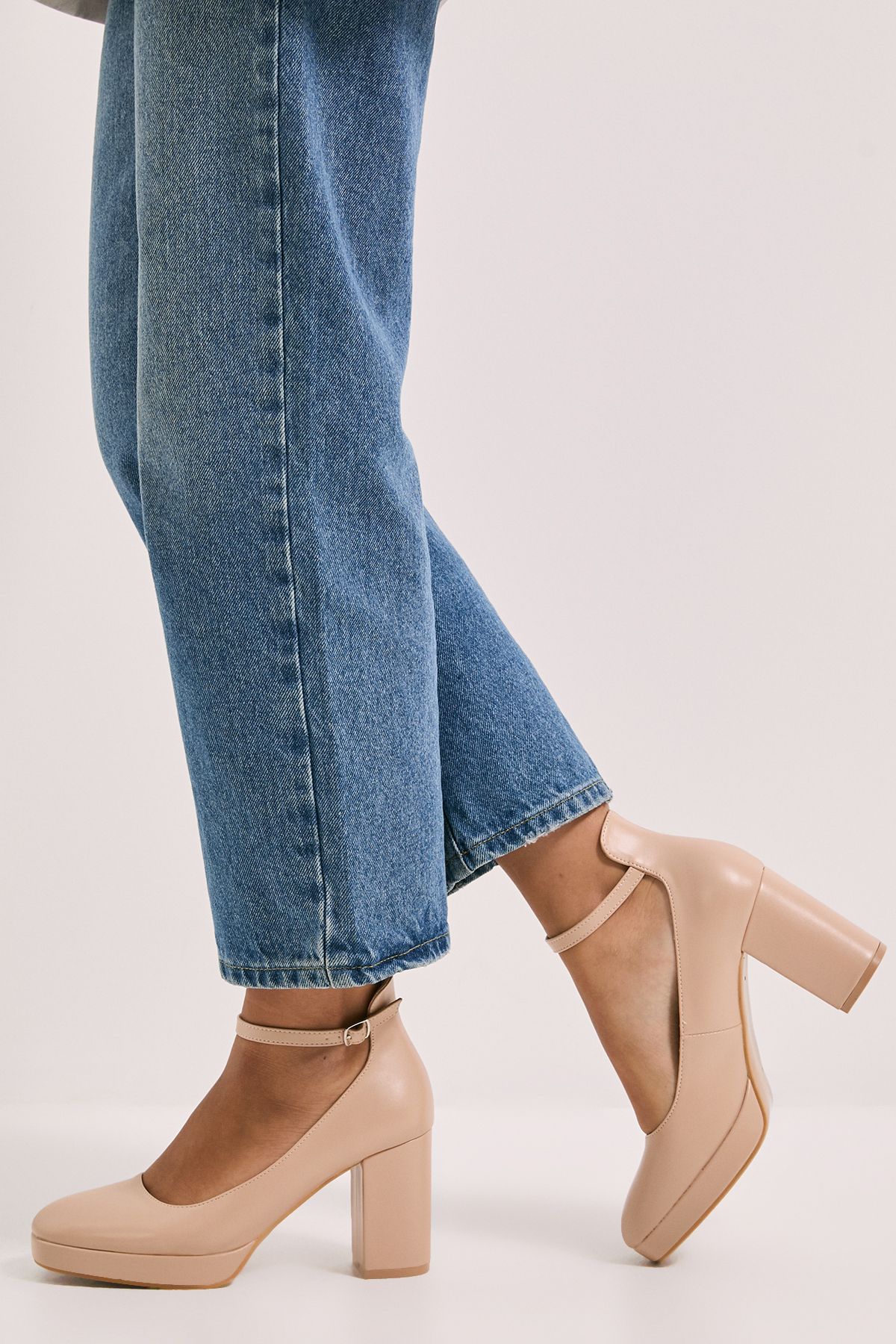 Dorothy Perkins Vanessa Faux Leather Platform Ankle Strap High Block Heel Court Shoes Beige image 4