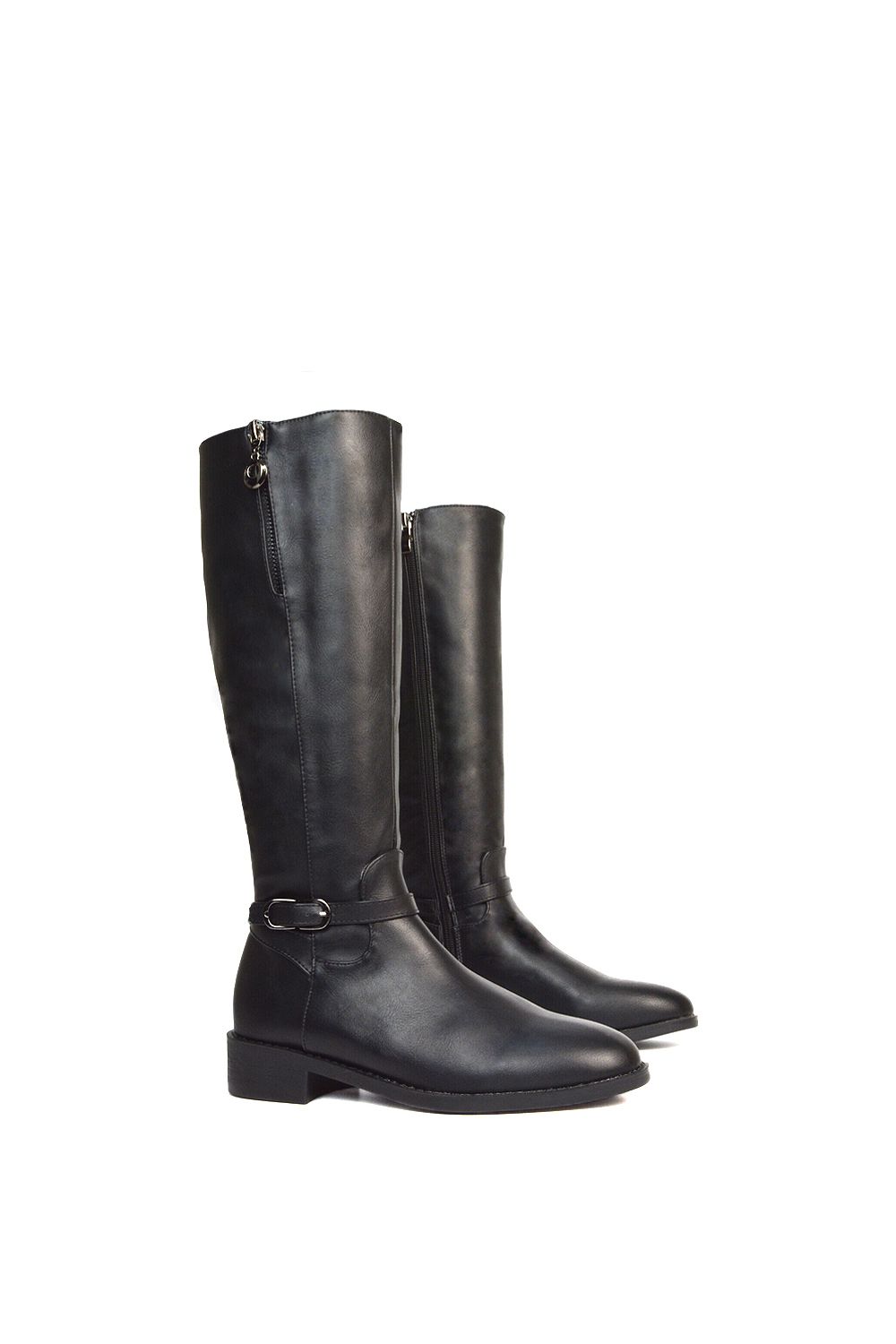 XY London 'Georgina' Knee High Boots Low Heel Zip Up Calf Riding Biker With Ankle Strap image 5