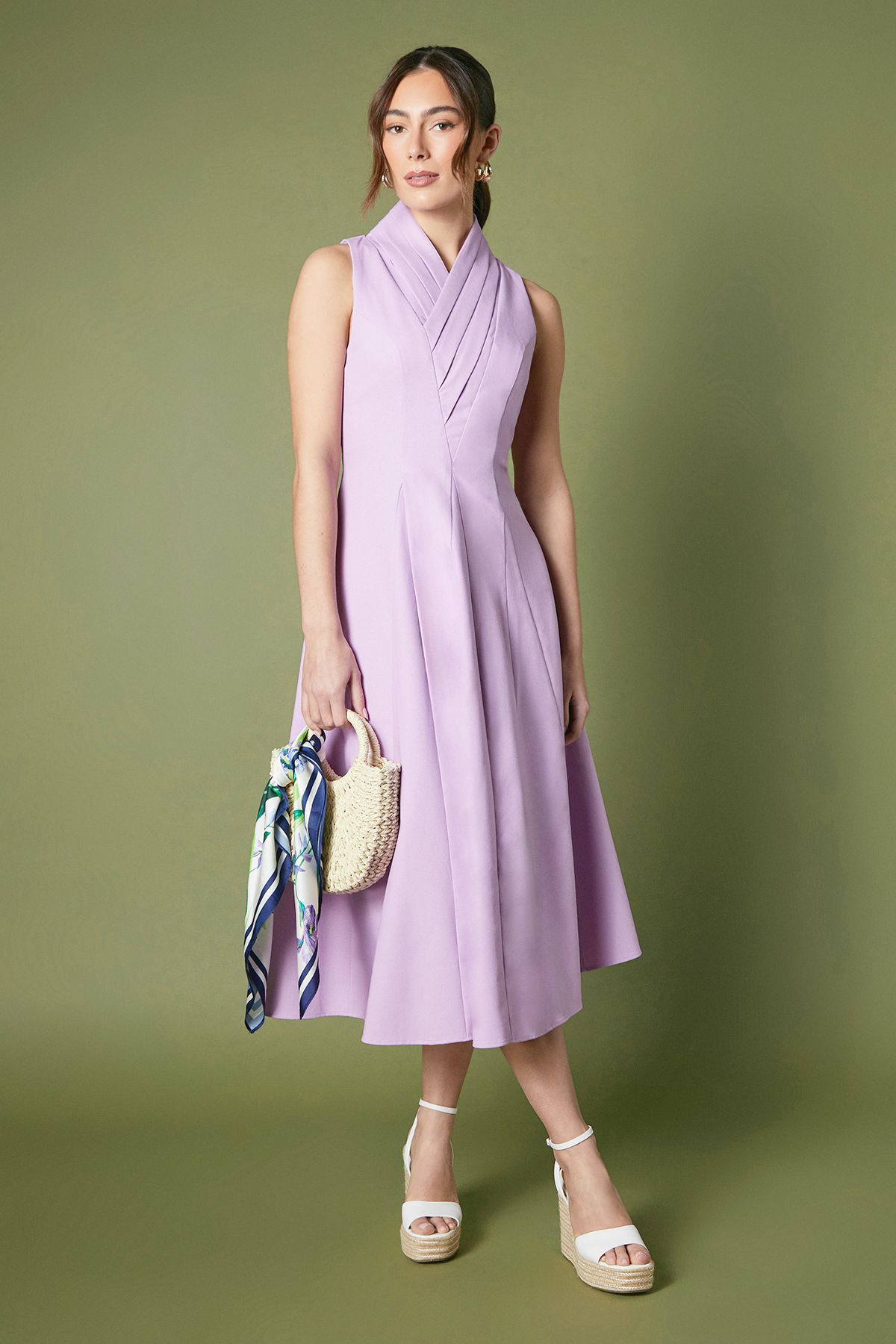 Coast High Neck Pleated V Neck Midi Dress Lilac image 1