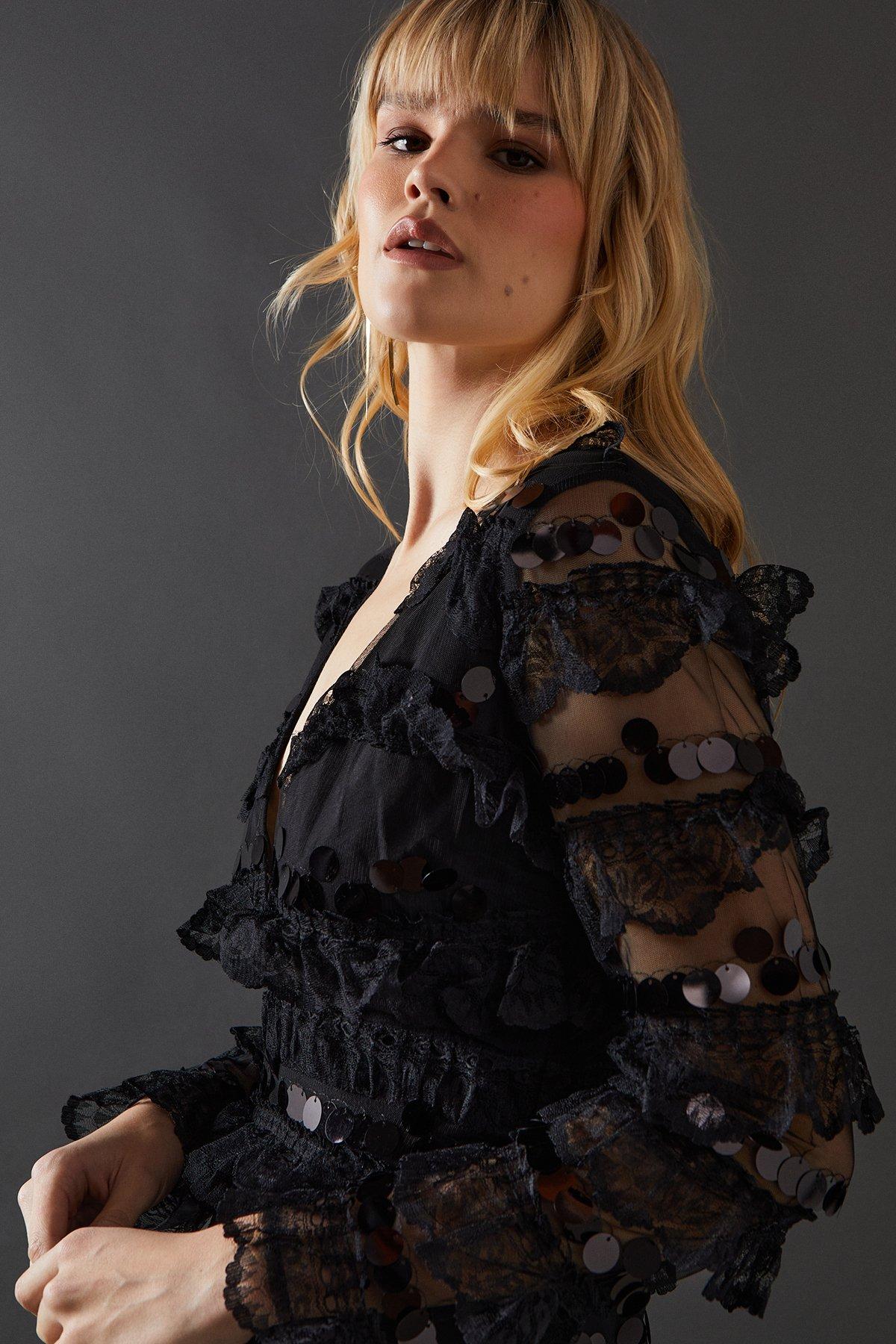 Warehouse Premium Lace Sequin Frill Tier Plunge Neck Maxi Dress Black image 2