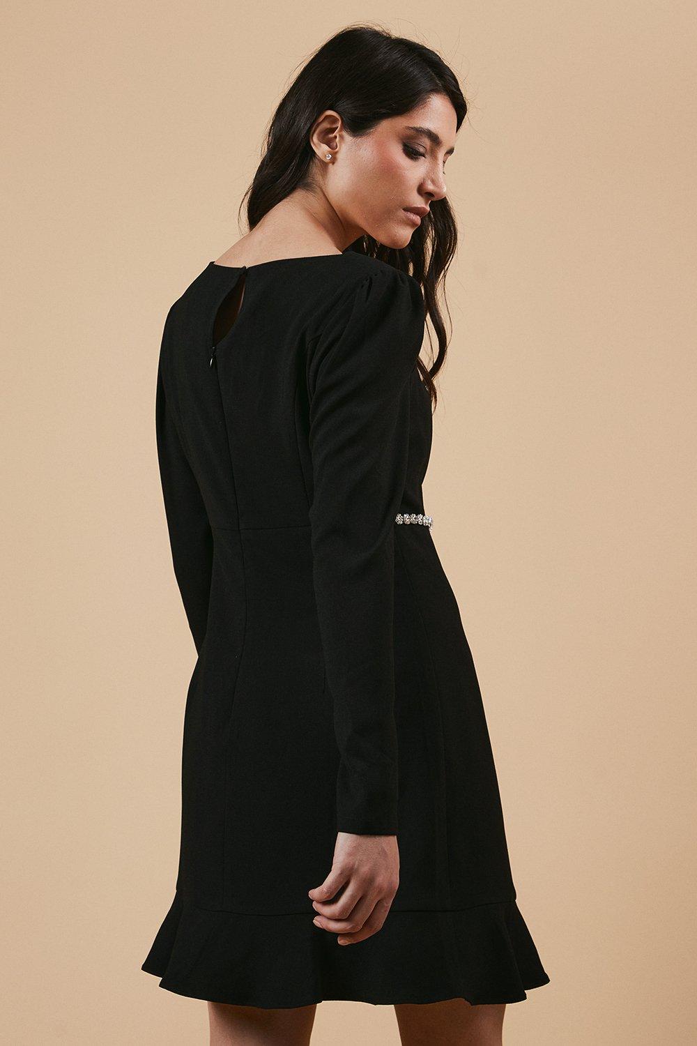 Oasis Petite Occasion Crepe Diamante Trim Cut Out Mini Dress Black image 3