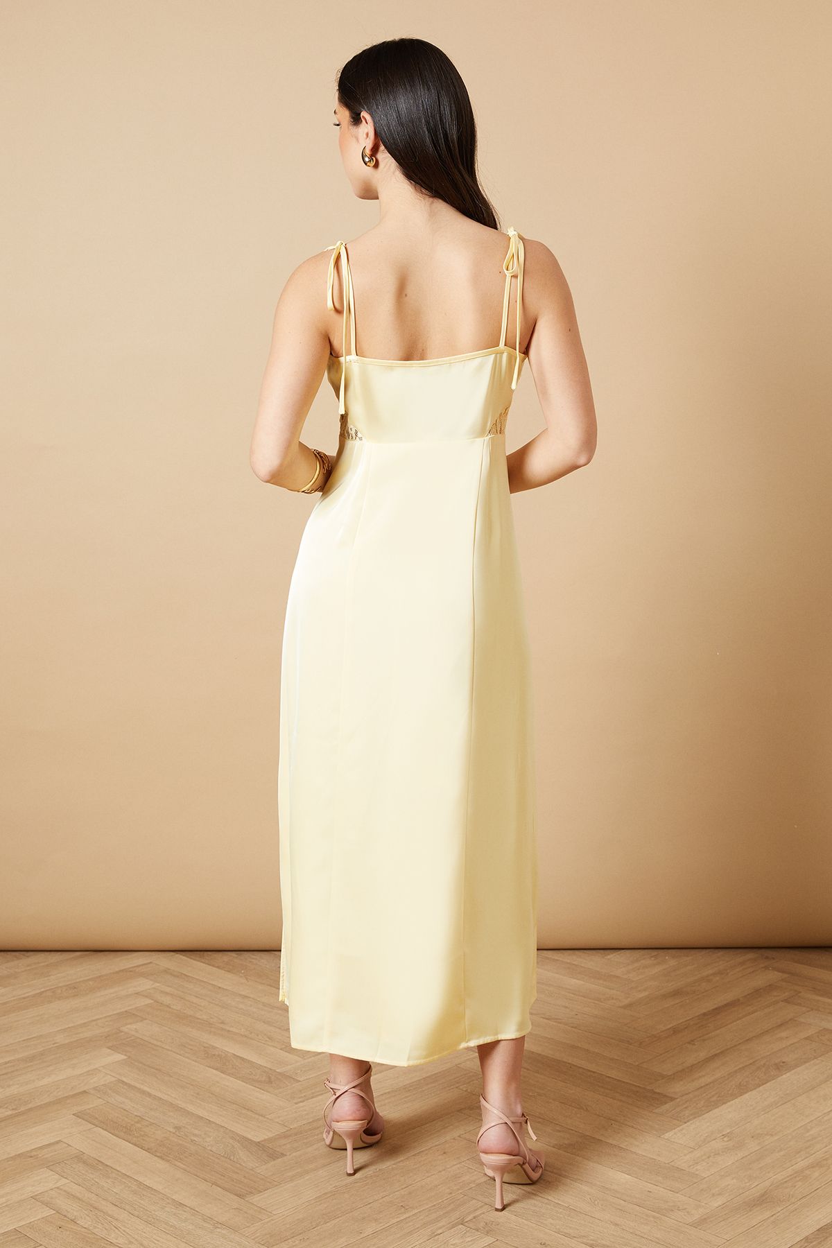 Oasis Strappy Satin Lace Insert Midi Dress Yellow image 3