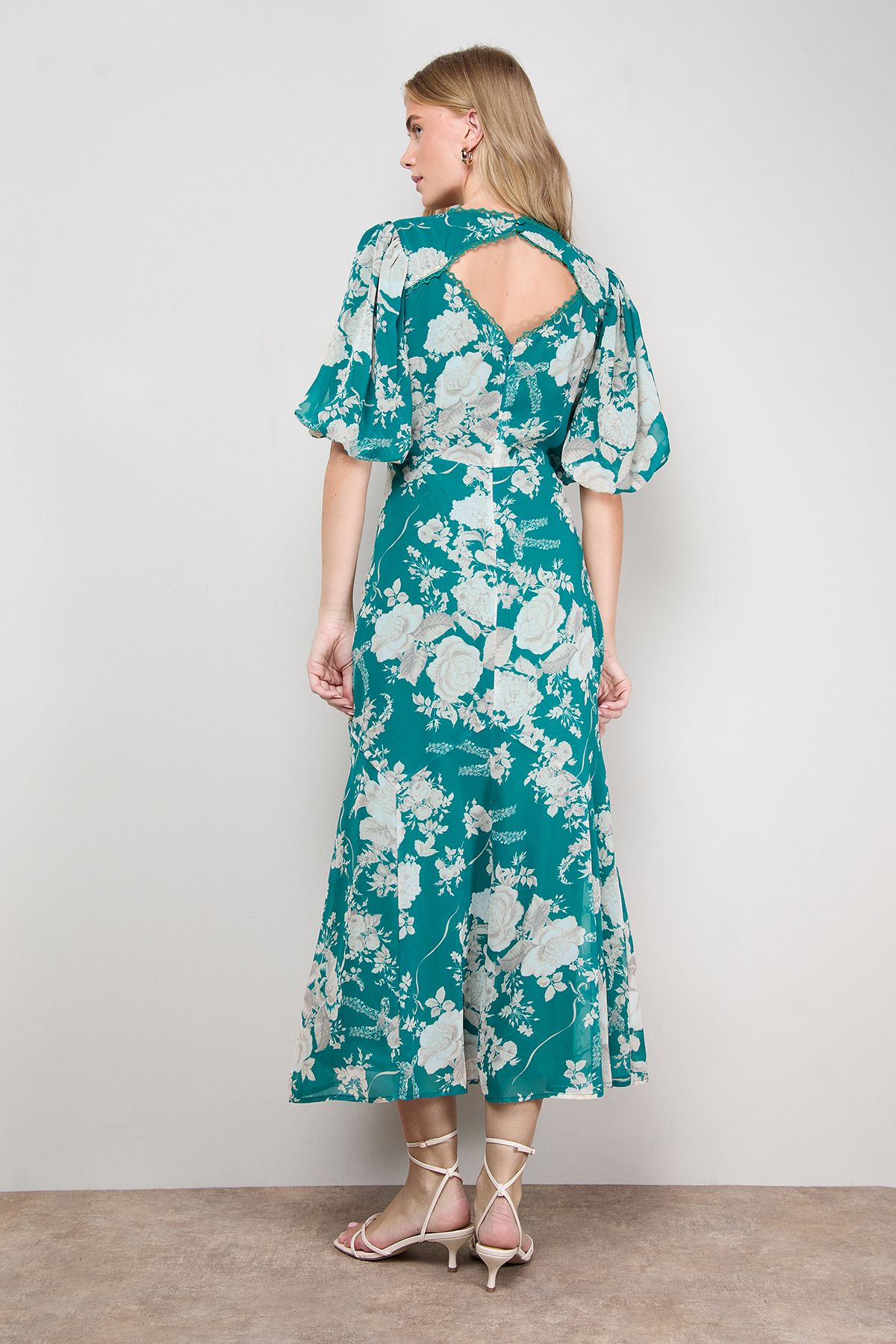 Oasis Puff Sleeve Trim Detail Panelled Tea Dress Green image 3