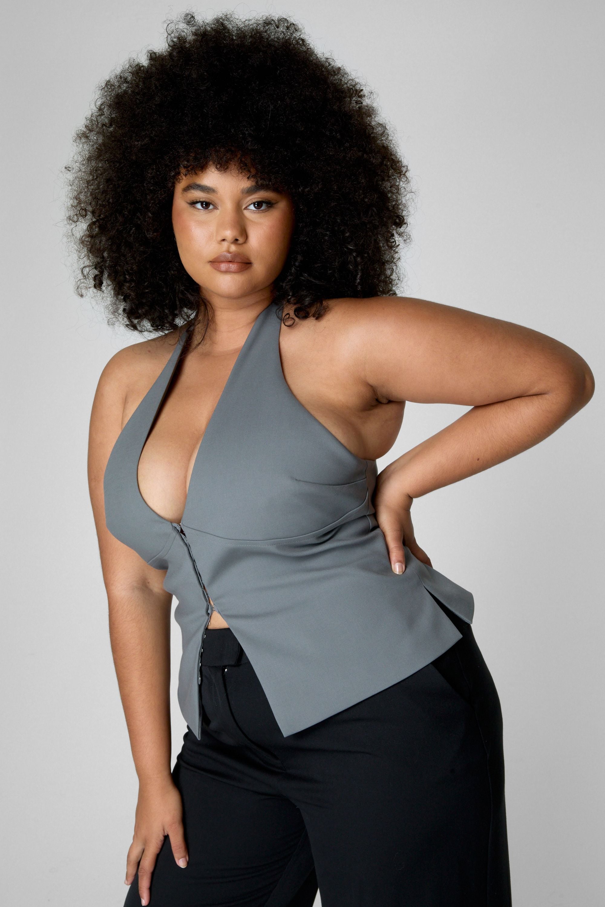 NastyGal Plus Halter Lace Back Waistcoat Charcoal image 3