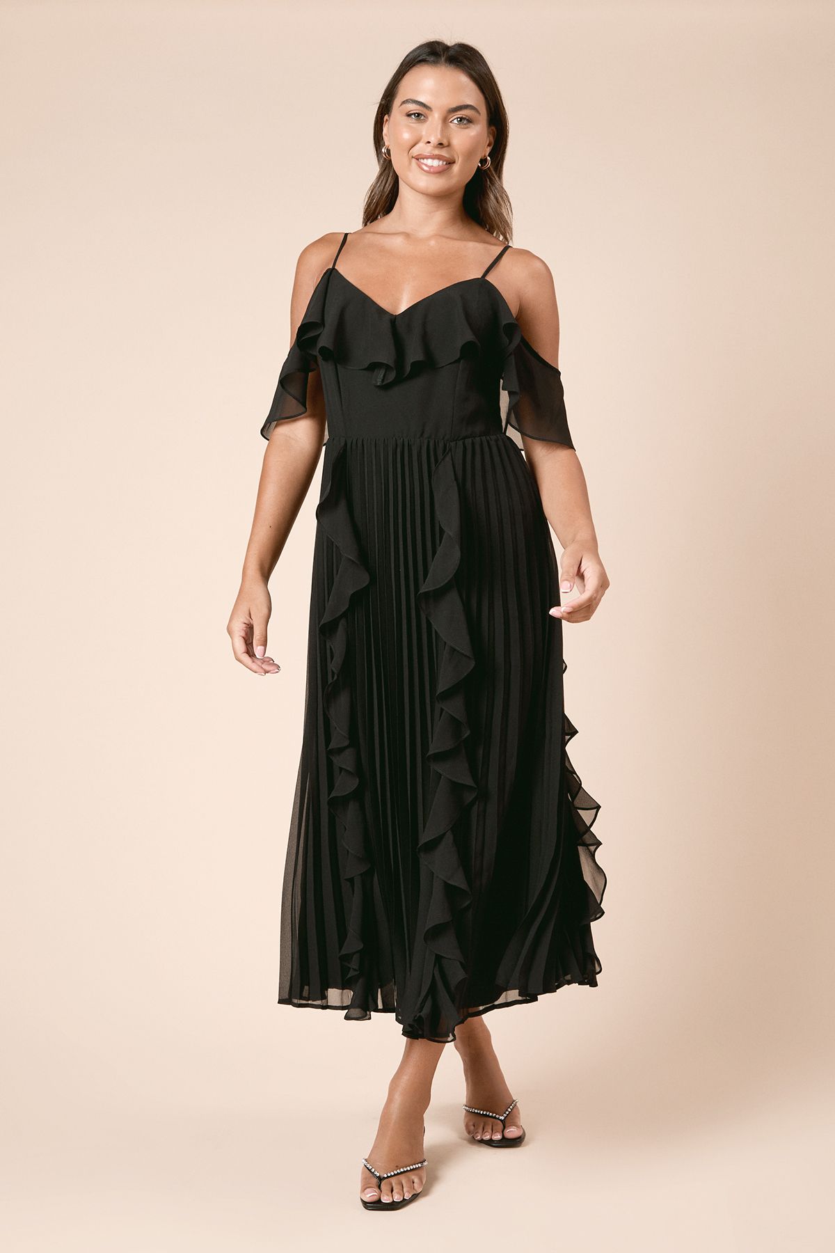 Dorothy Perkins DP Luxe Ruffle Front Cold Shoulder Midi Dress Black image 1