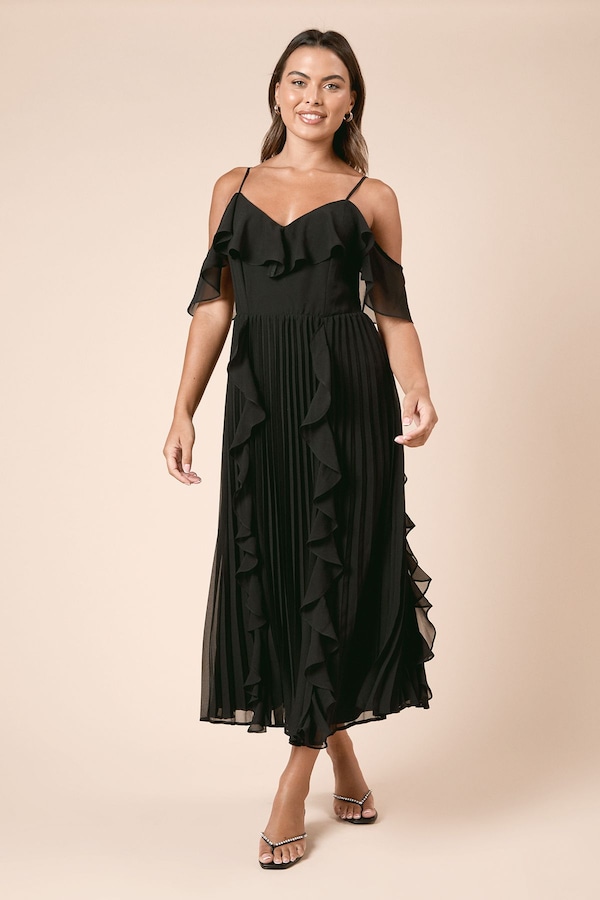 Dorothy Perkins DP Luxe Ruffle Front Cold Shoulder Midi Dress Black