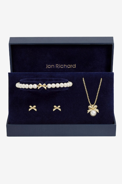 Jon Richard Gold Plated Pearl and Crystal Bow Trio Set - Gift Box