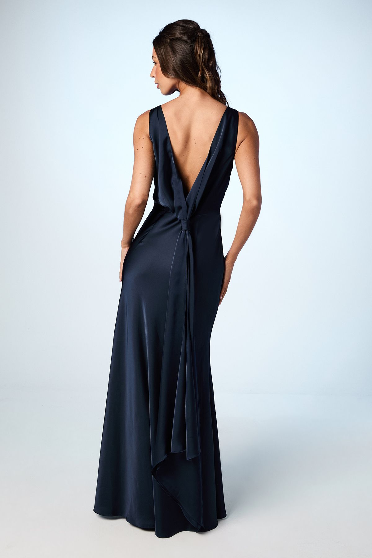 Coast Satin V Neck Maxi Bridemaids Dress with Back Sash Detail Navy image 3