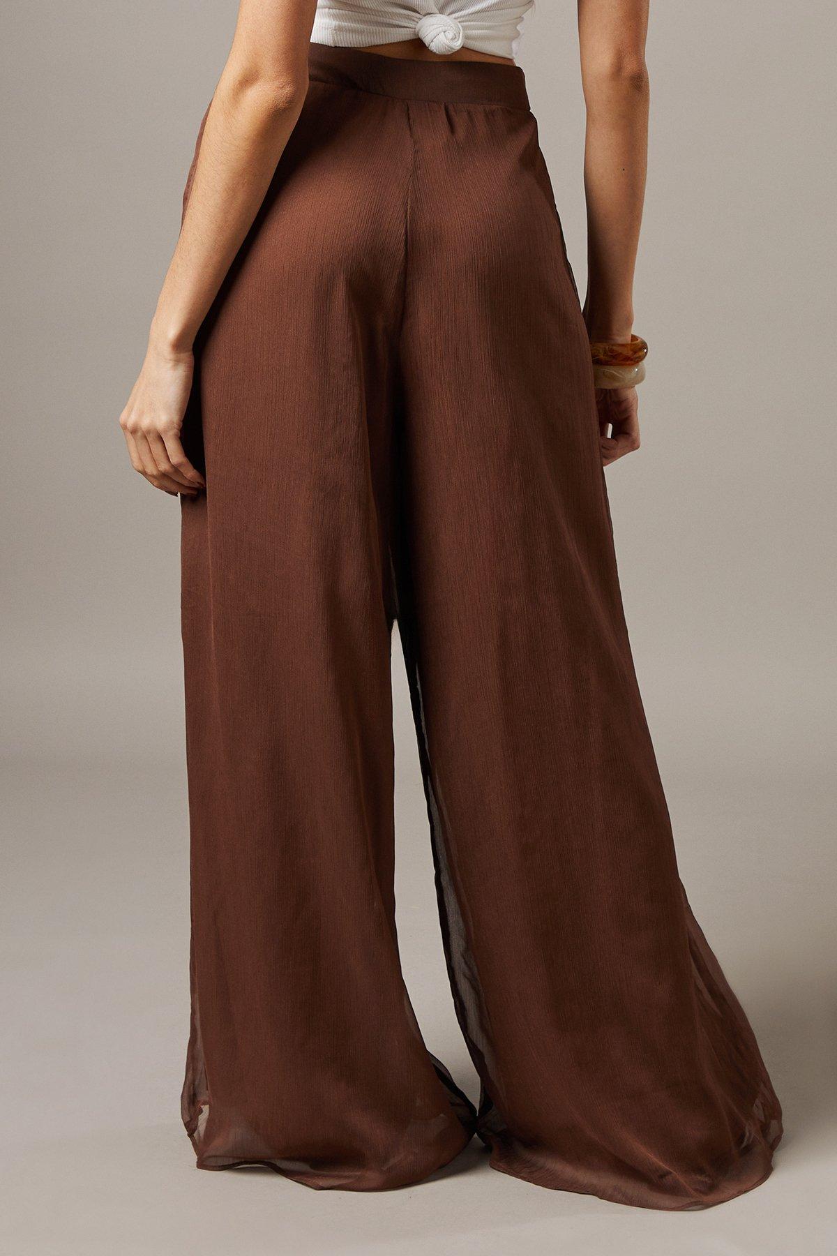Warehouse Chiffon High Waisted Wide Leg Trousers Chocolate image 3