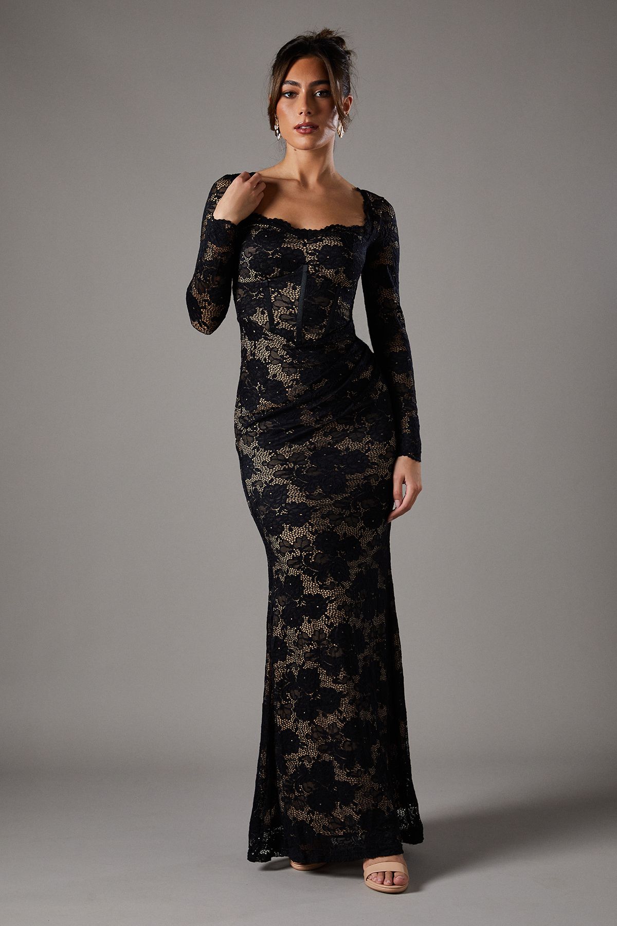 Coast Lace Maxi Dress With Square Neck & Long Sleeve Black image 1