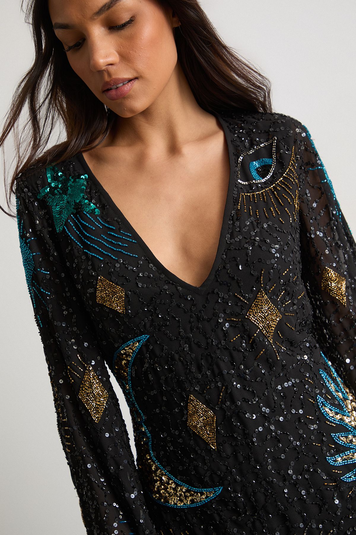 Warehouse Celestial Sequin Embellished Mini Dress Black image 5