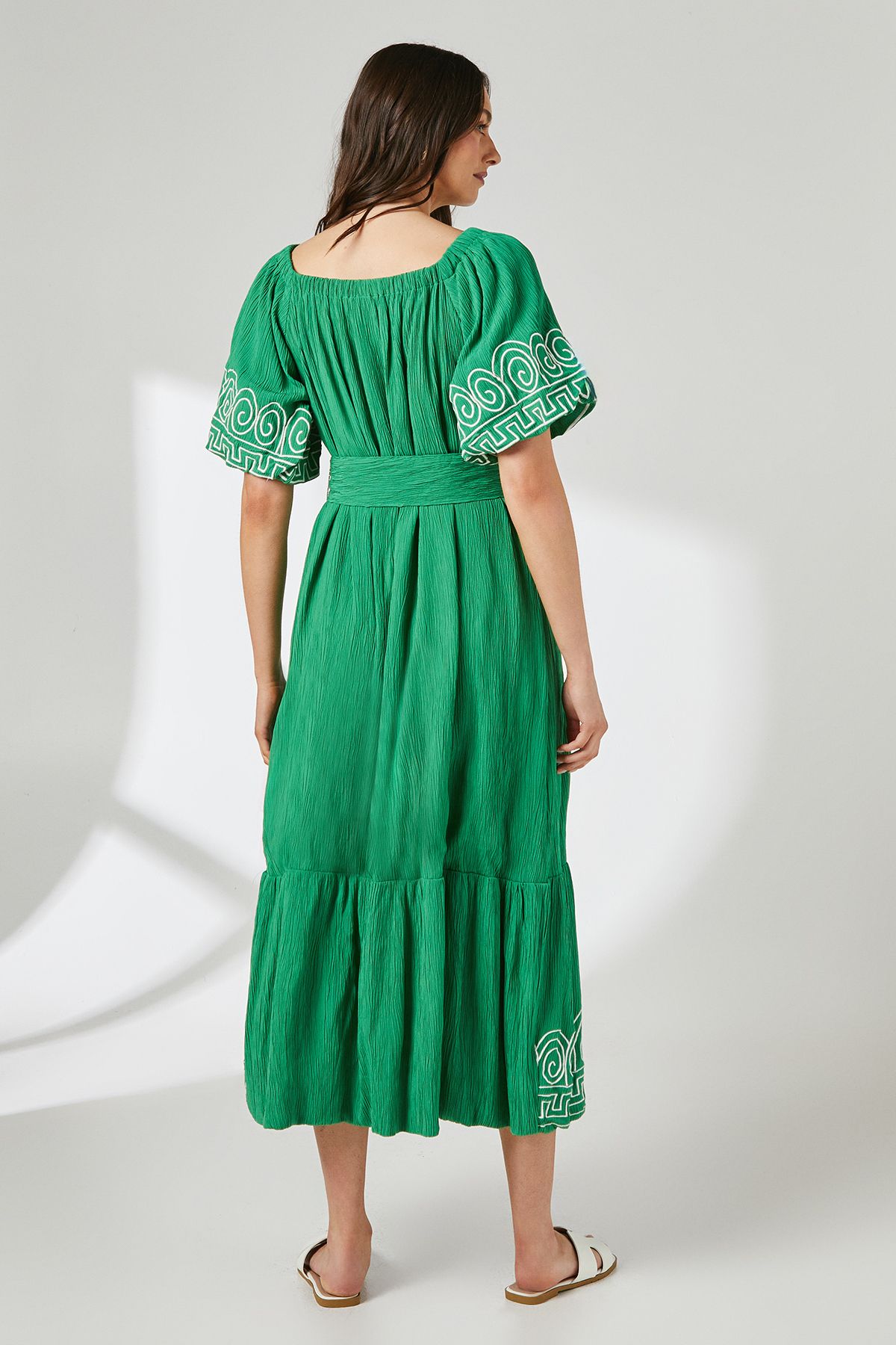 Principles Crinkle Viscose Bardot Bubble Hem Midaxi Dress Bright Green image 3