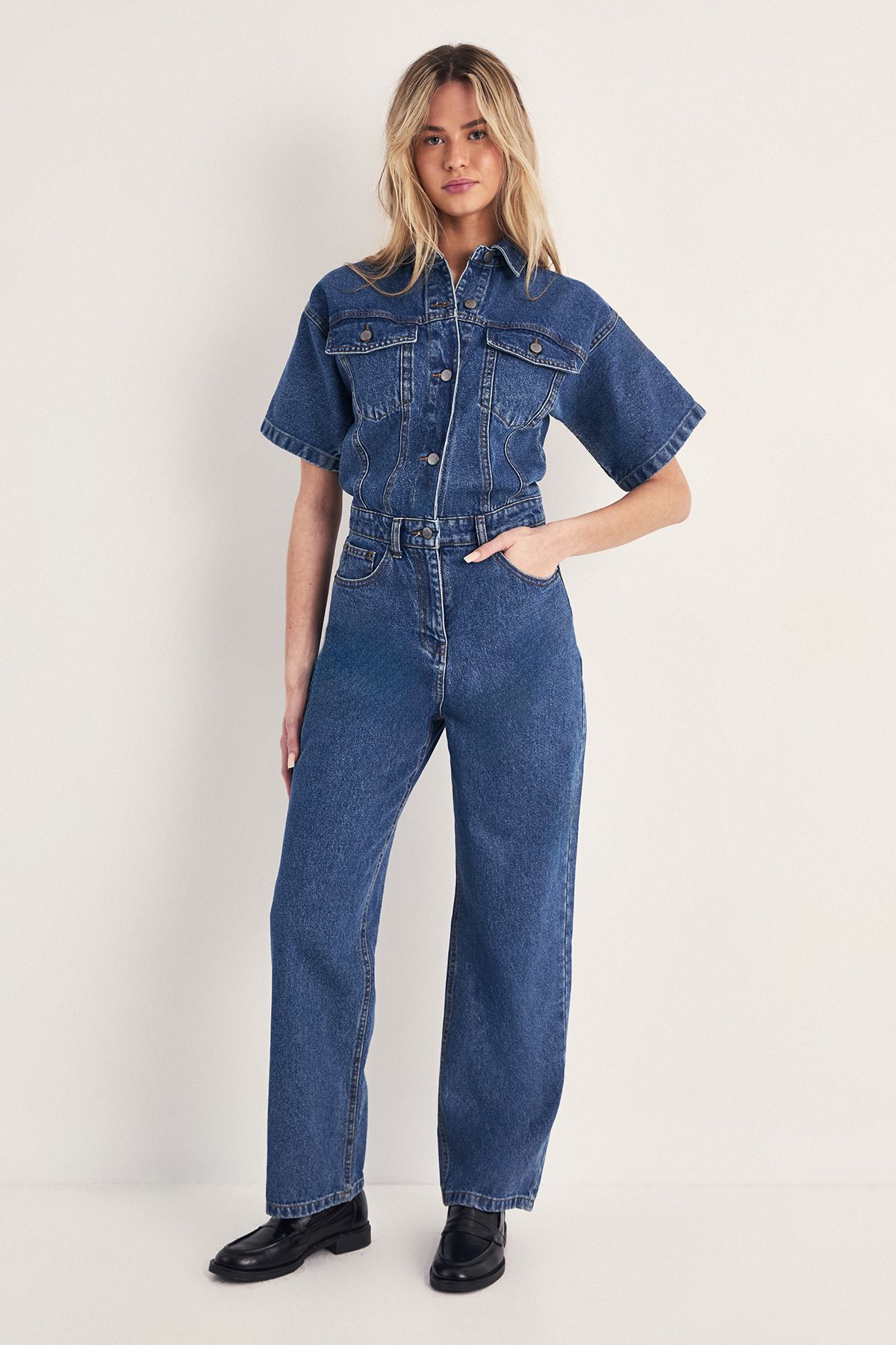 NastyGal Denim Low Rise Boyfriend Jumpsuit Authentic Midwash image 1