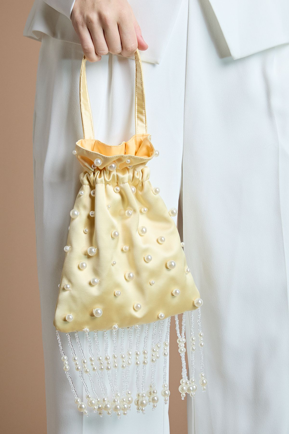 Coast Bella Pearl Detail Satin Cross Body Bag Lemon