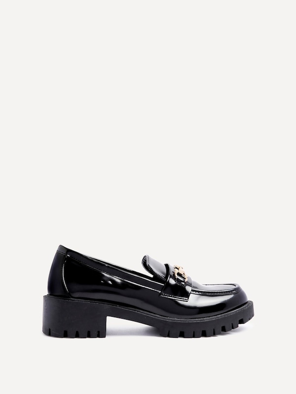 Linzi Aria Black Faux High Shine Leather Chunky Sole Loafer
