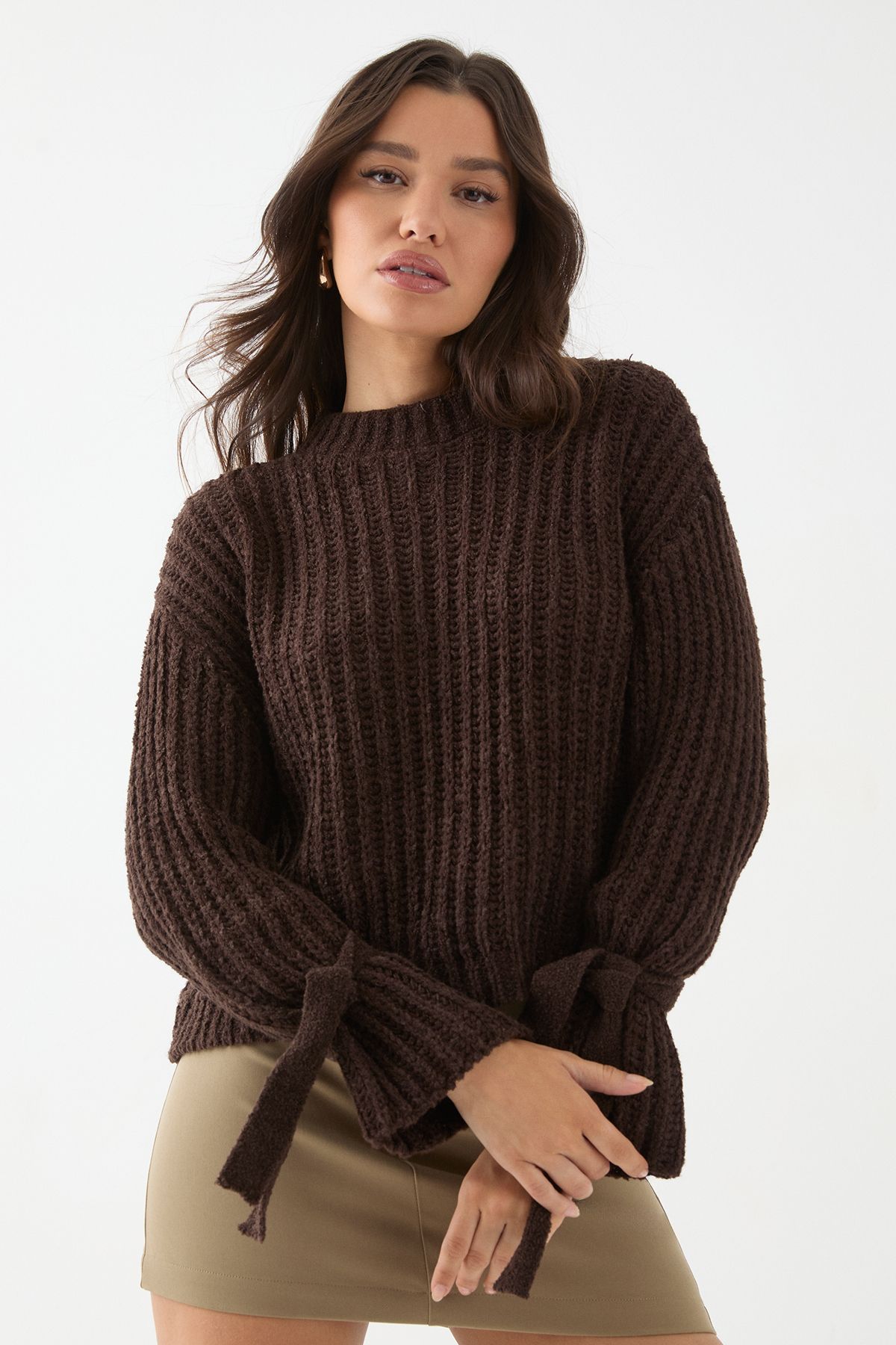 MissPap Knitted Tie Sleeve Oversized Jumper Chocolate image 1