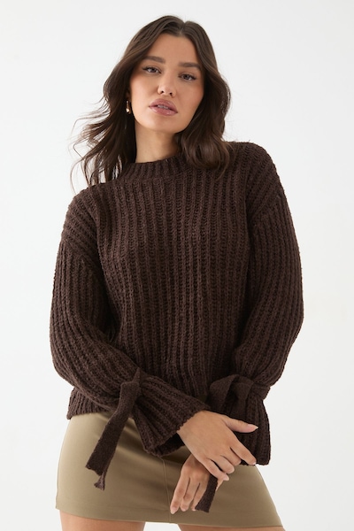 MissPap Knitted Tie Sleeve Oversized Jumper Chocolate